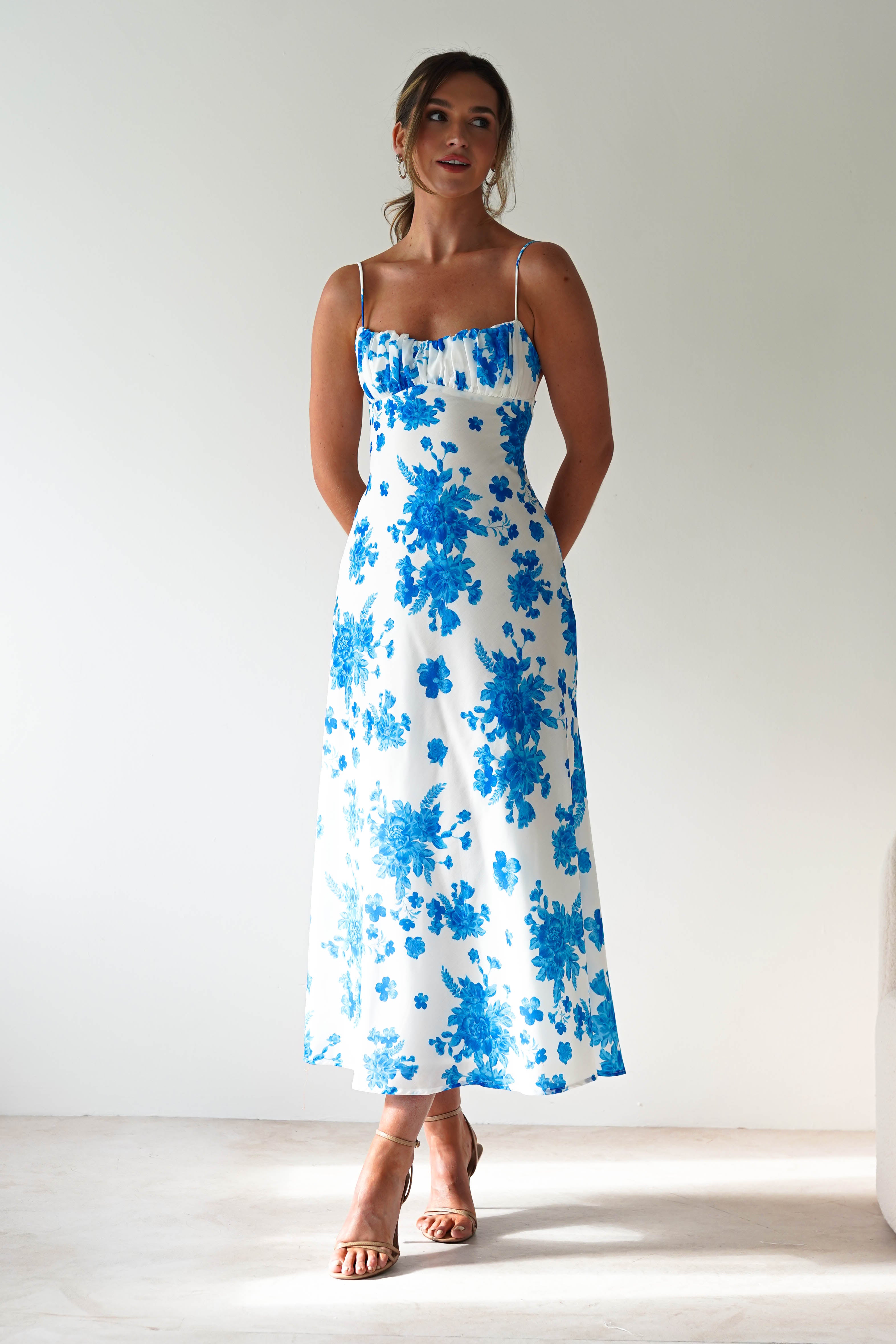 Gina Cotton Floral Maxi Dress | Blue/White Print | Oh Hello Clothing | XS (6)