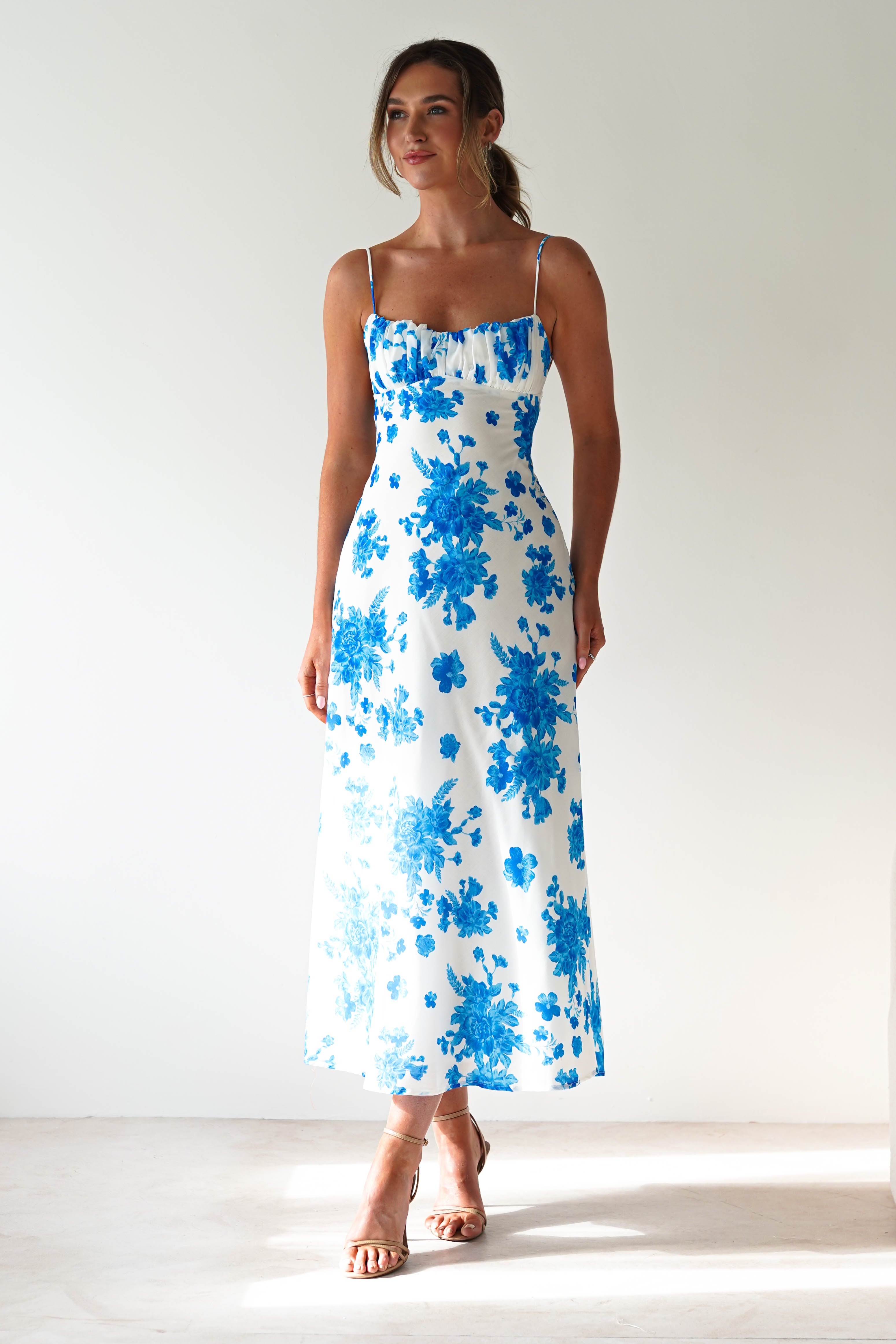 Gina Cotton Floral Maxi Dress | Blue/White Print | Oh Hello Clothing | XS (6)