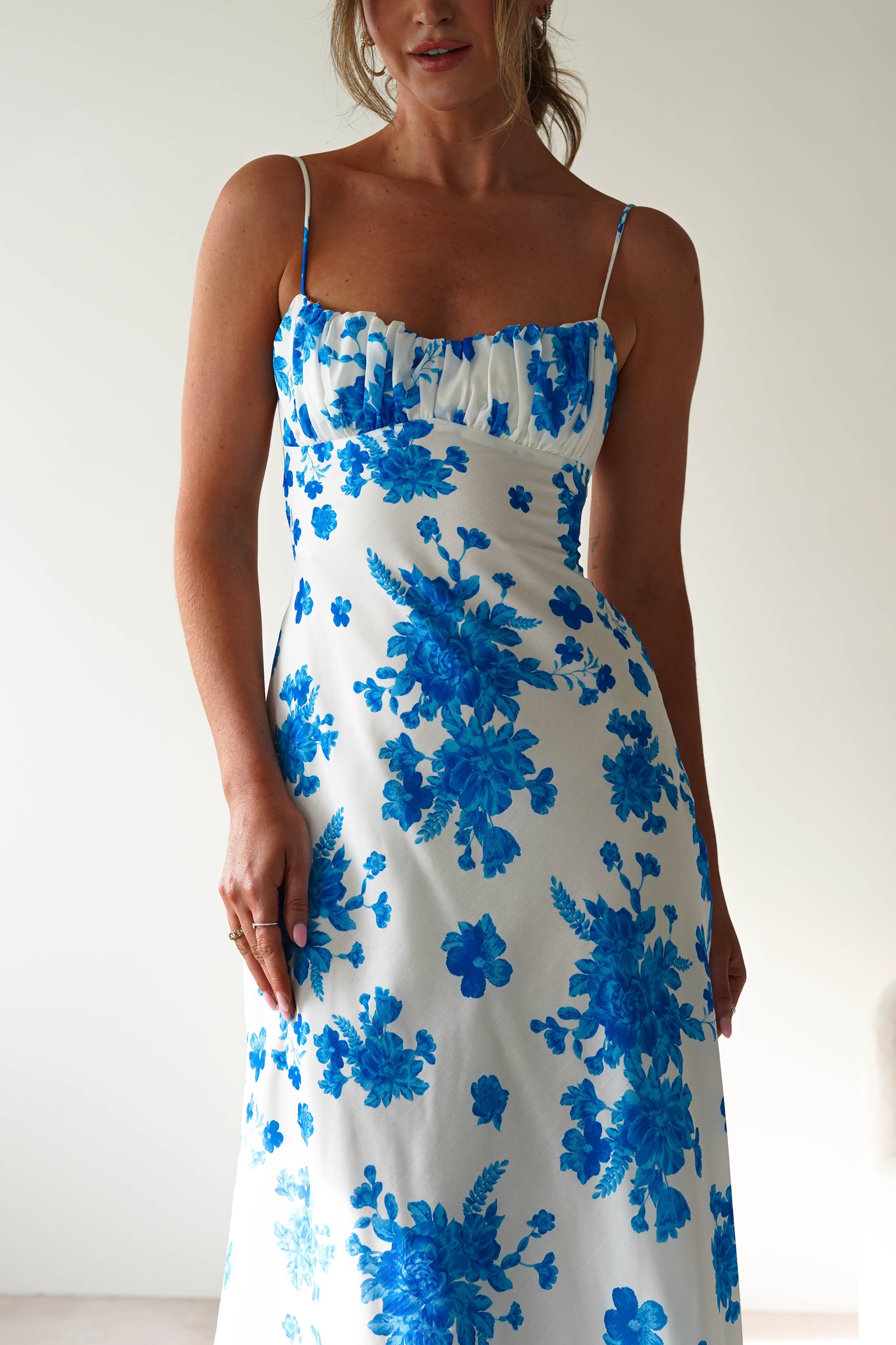 Gina Cotton Floral Maxi Dress | Blue/White Print | Oh Hello Clothing | XS (6)
