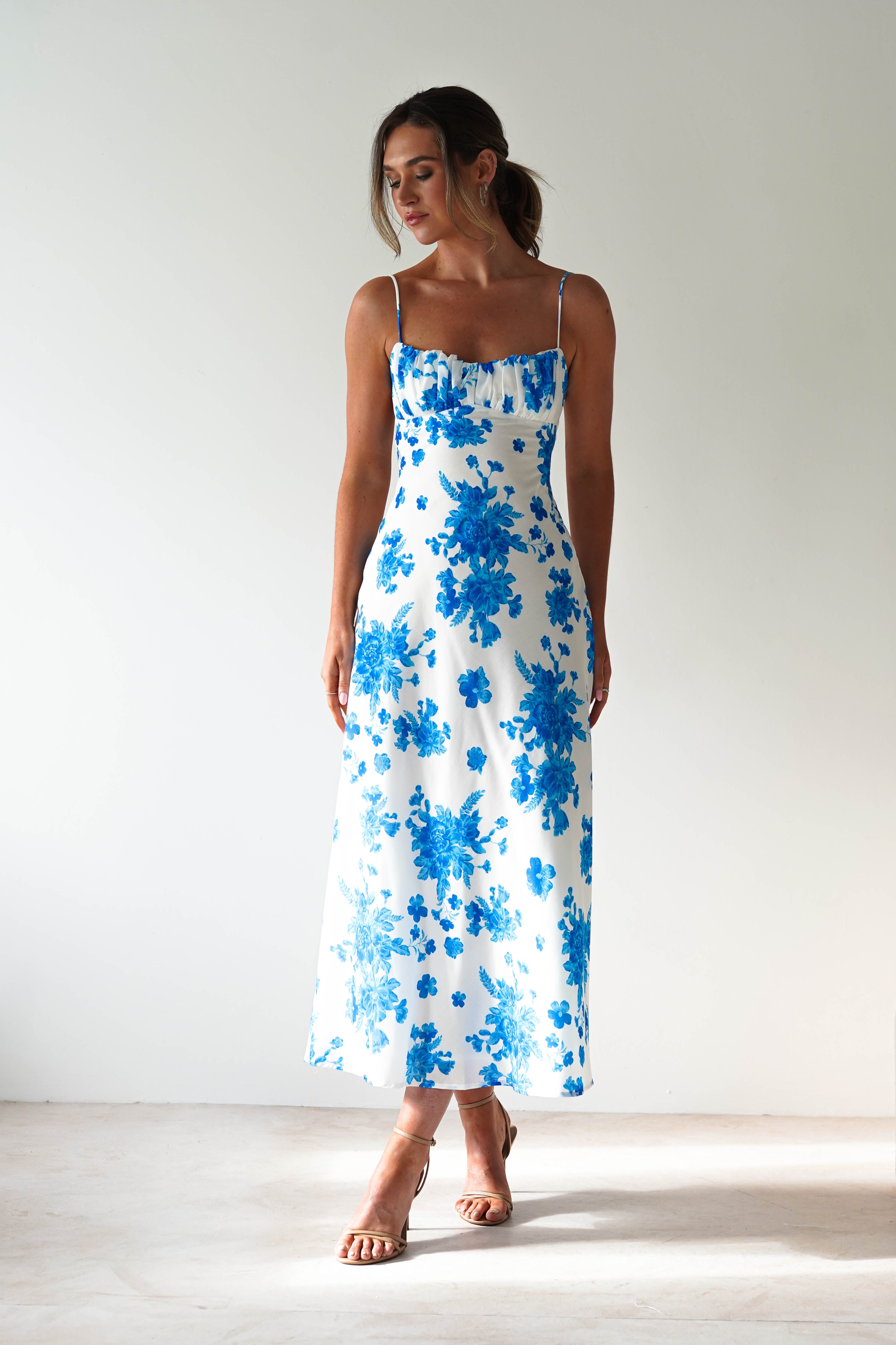 Gina Cotton Floral Maxi Dress | Blue/White Print | Oh Hello Clothing | XS (6)