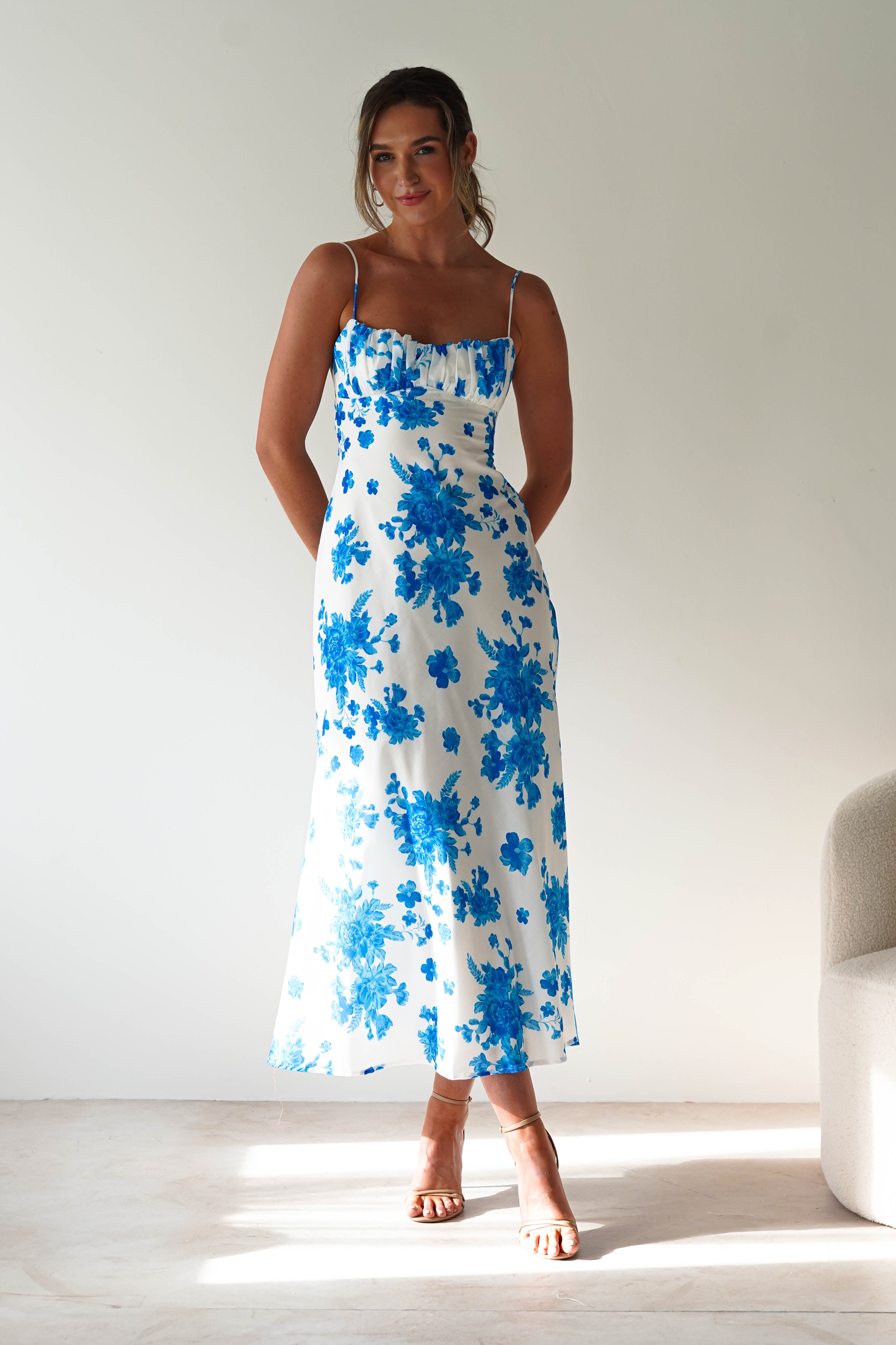 Gina Cotton Floral Maxi Dress | Blue/White Print | Oh Hello Clothing | XS (6)