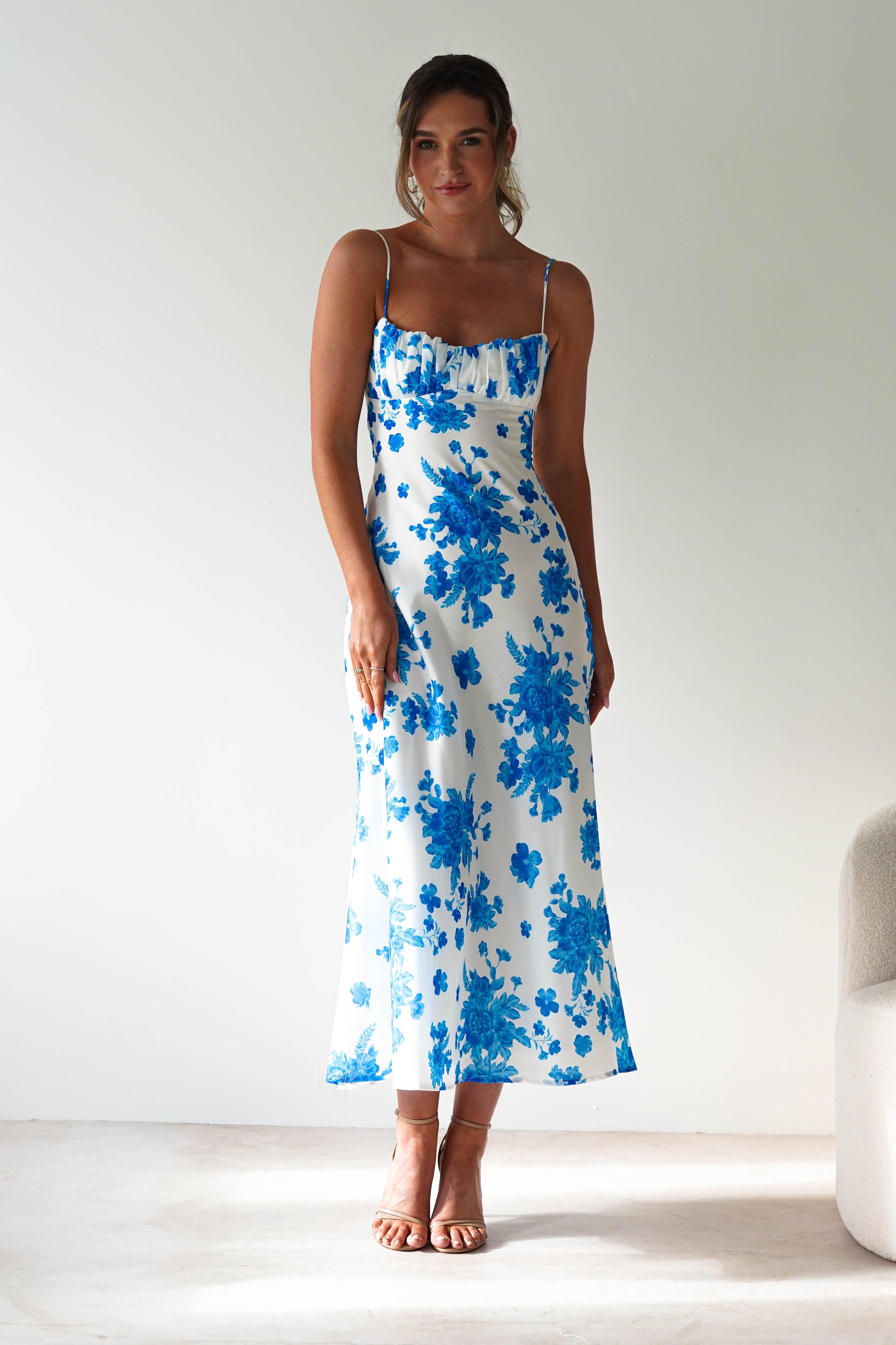 Gina Cotton Floral Maxi Dress | Blue/White Print | Oh Hello Clothing | XS (6)