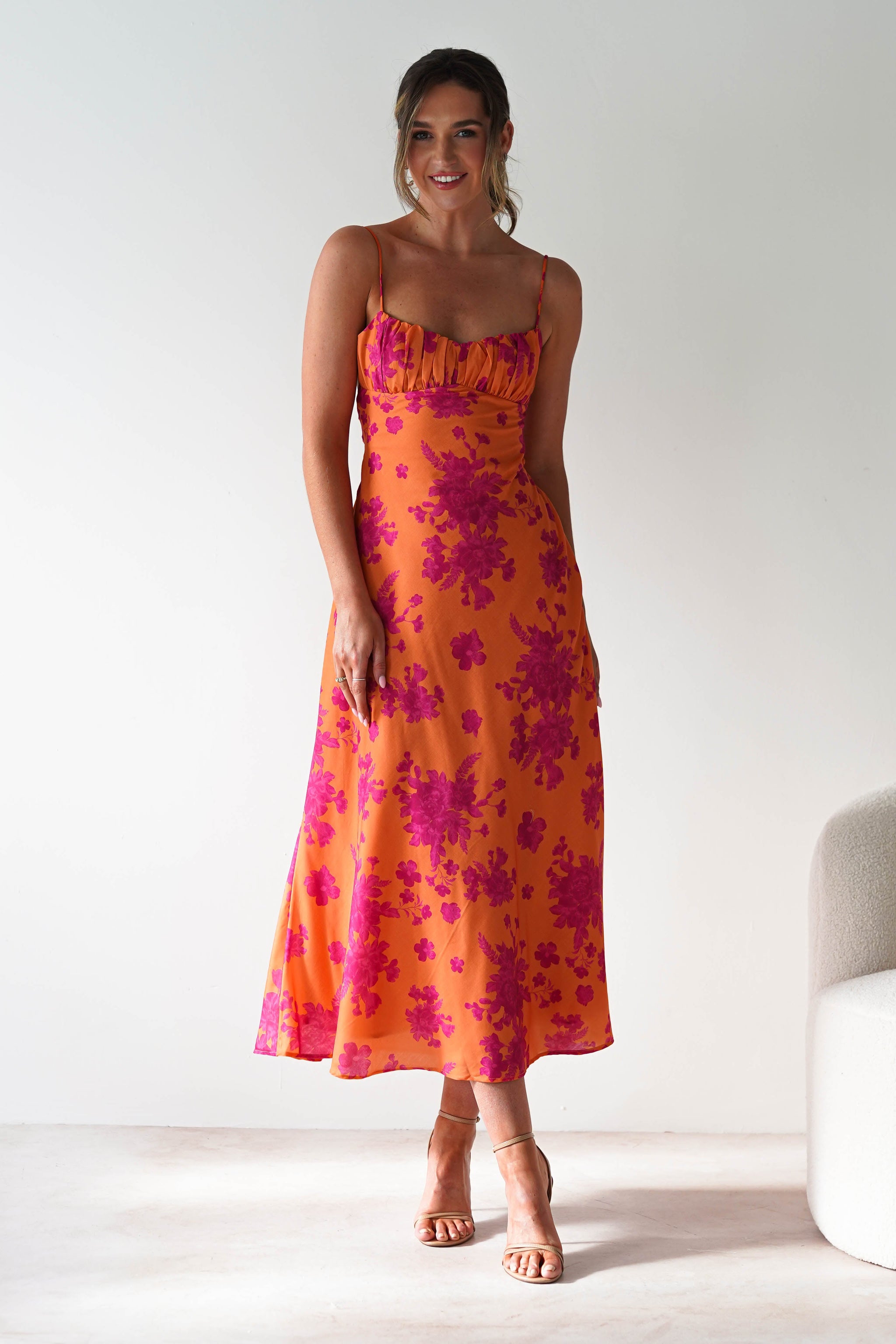 Oui Patterned Chiffon Maxi Dress In Pink And Orange 86718 Col 0342