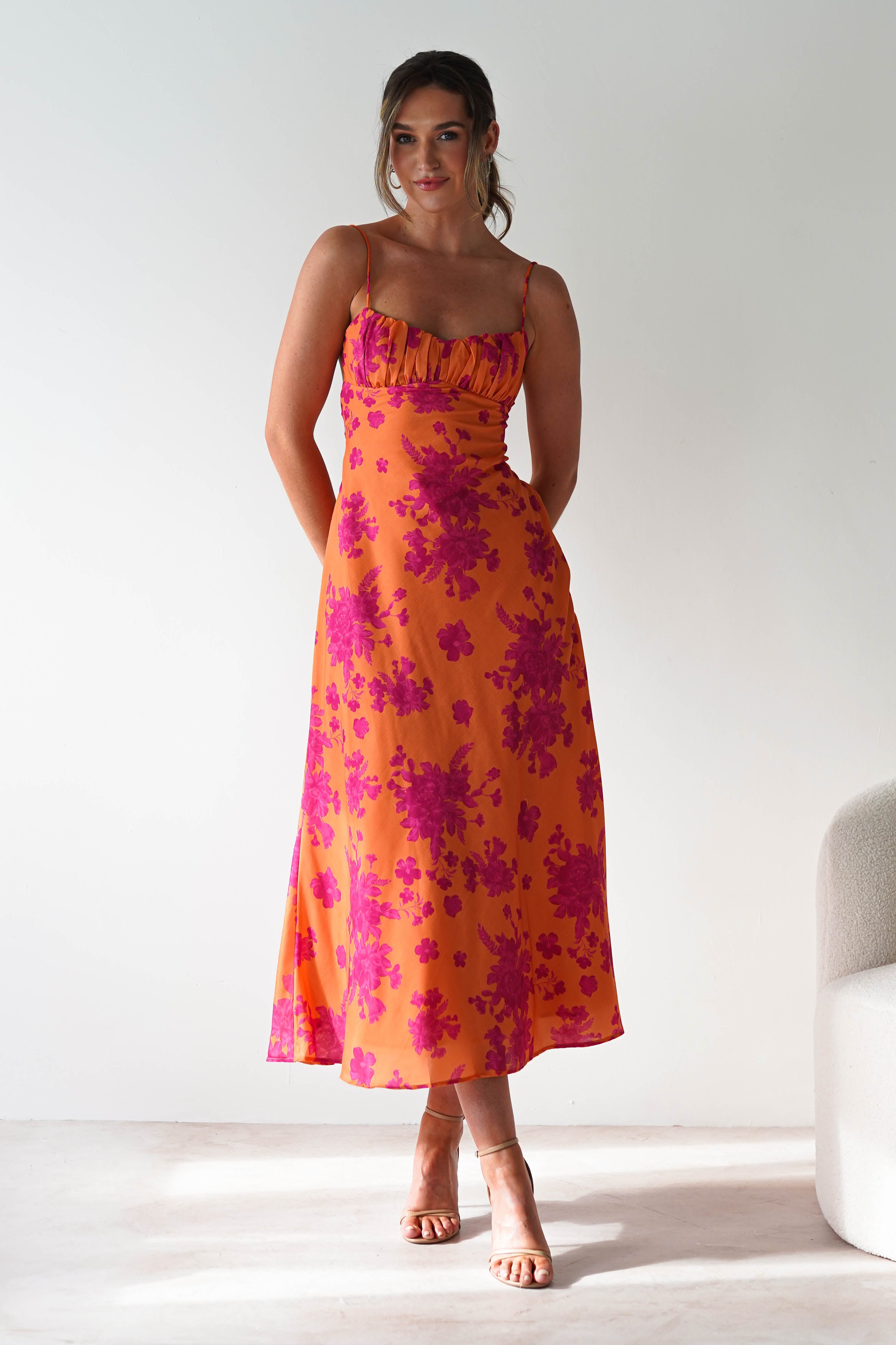 Gina Cotton Floral Maxi Dress | Orange/Pink | Oh Hello Clothing | XS (6)