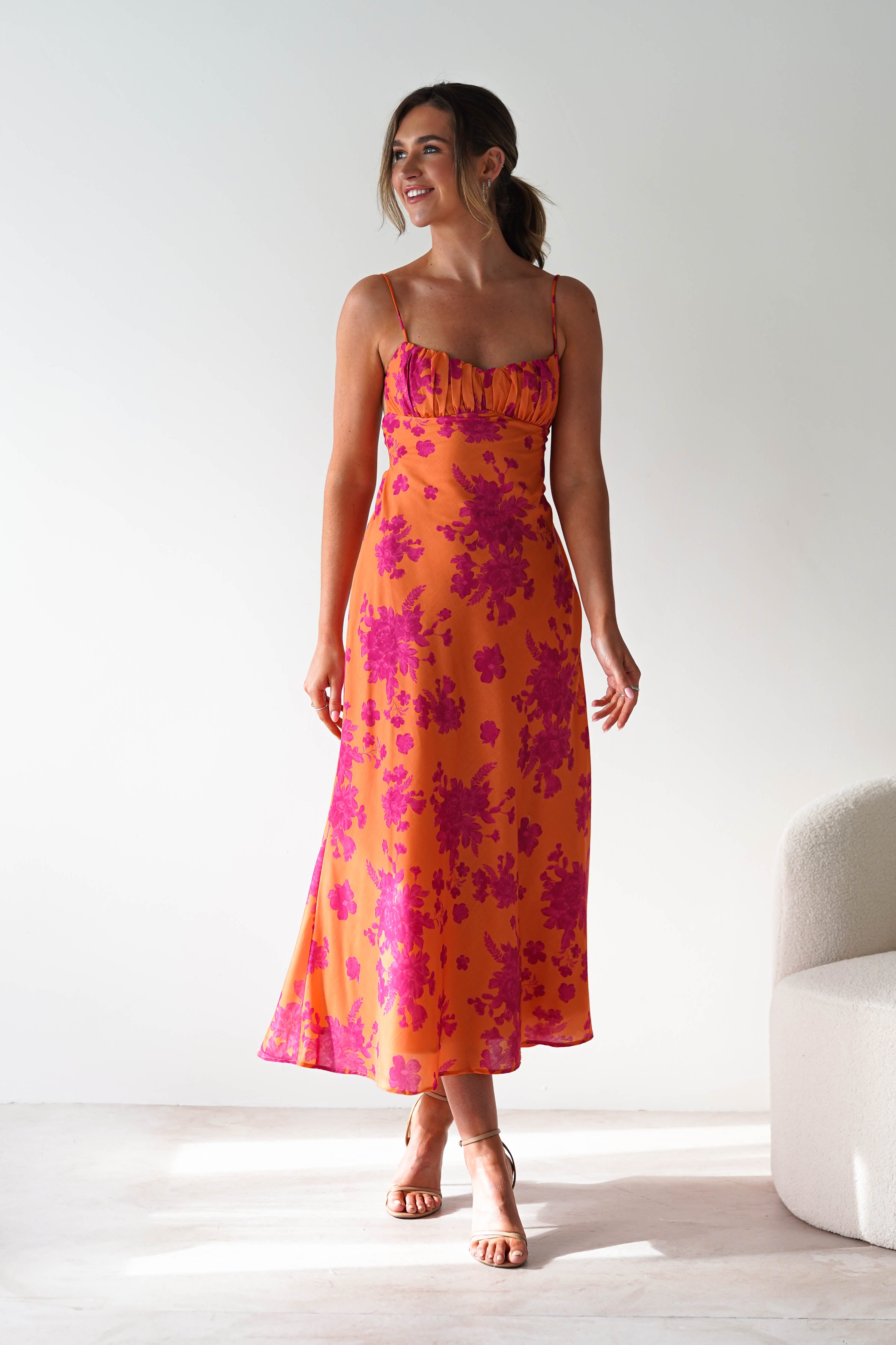 Gina Cotton Floral Maxi Dress | Orange/Pink | Oh Hello Clothing | XS (6)