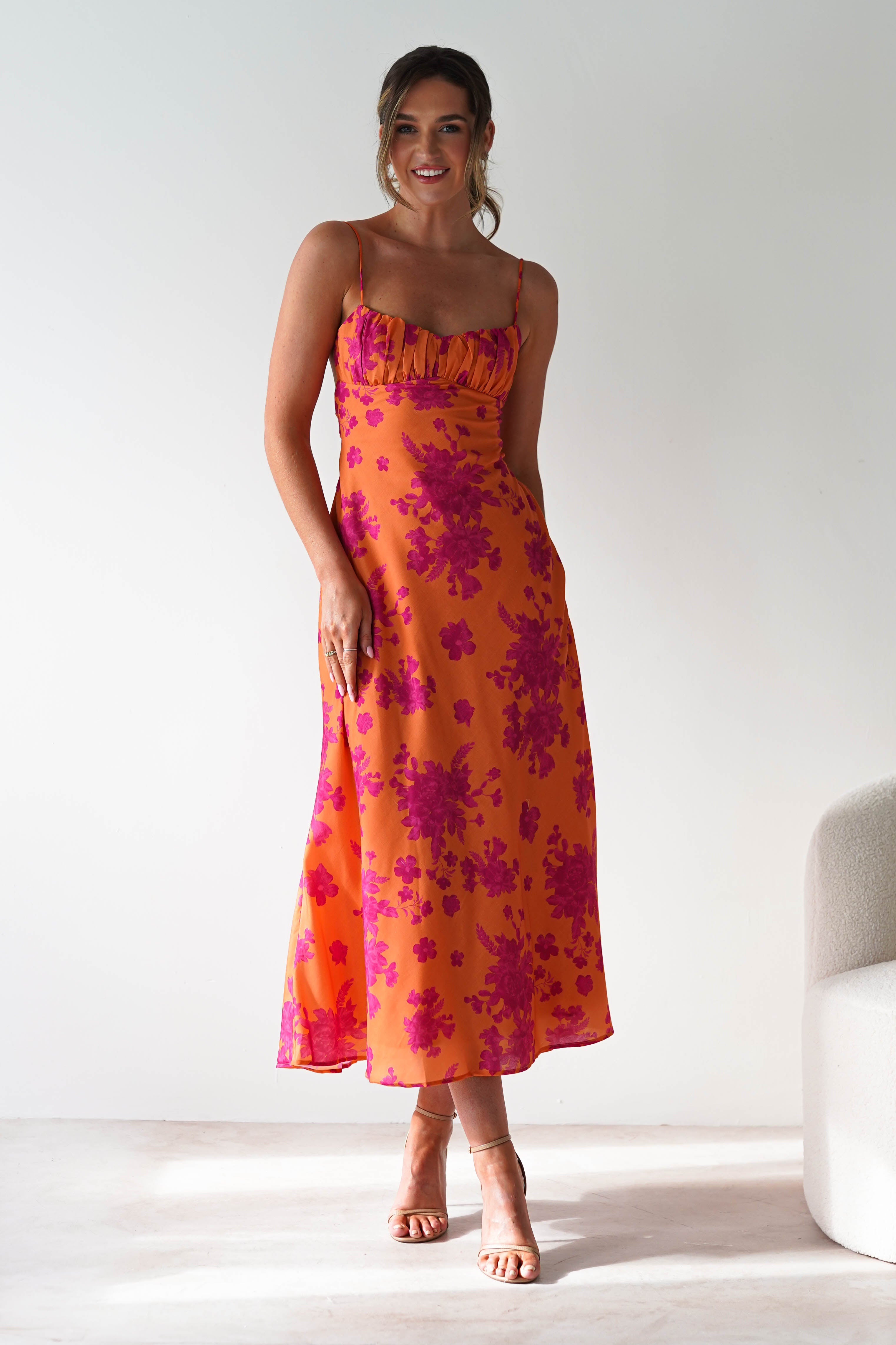 Gina Cotton Floral Maxi Dress | Orange/Pink | Oh Hello Clothing | XS (6)