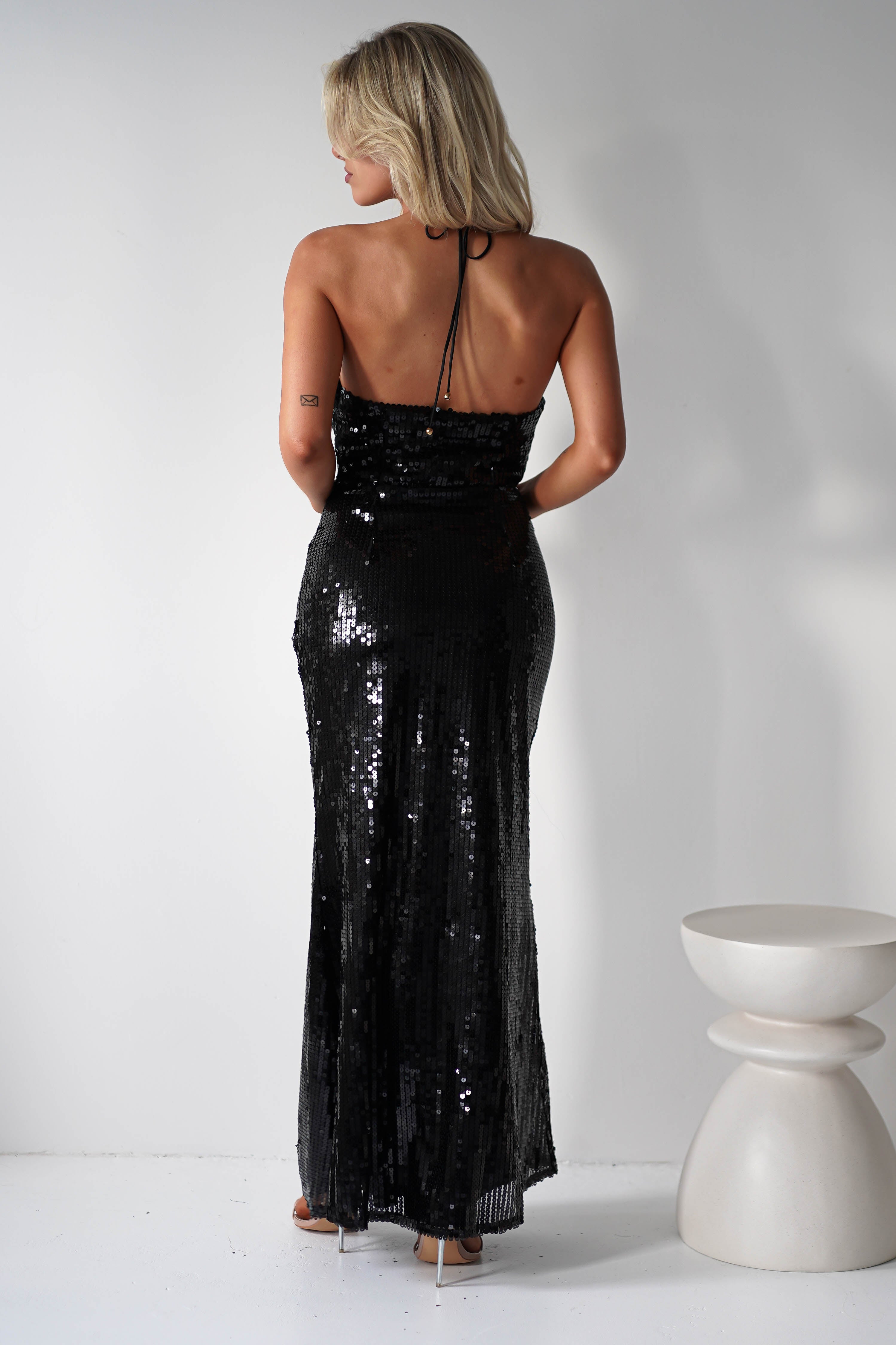 Jonna Halter Neck Sequin Maxi Dress | Black | Oh Hello Clothing | XS (6)