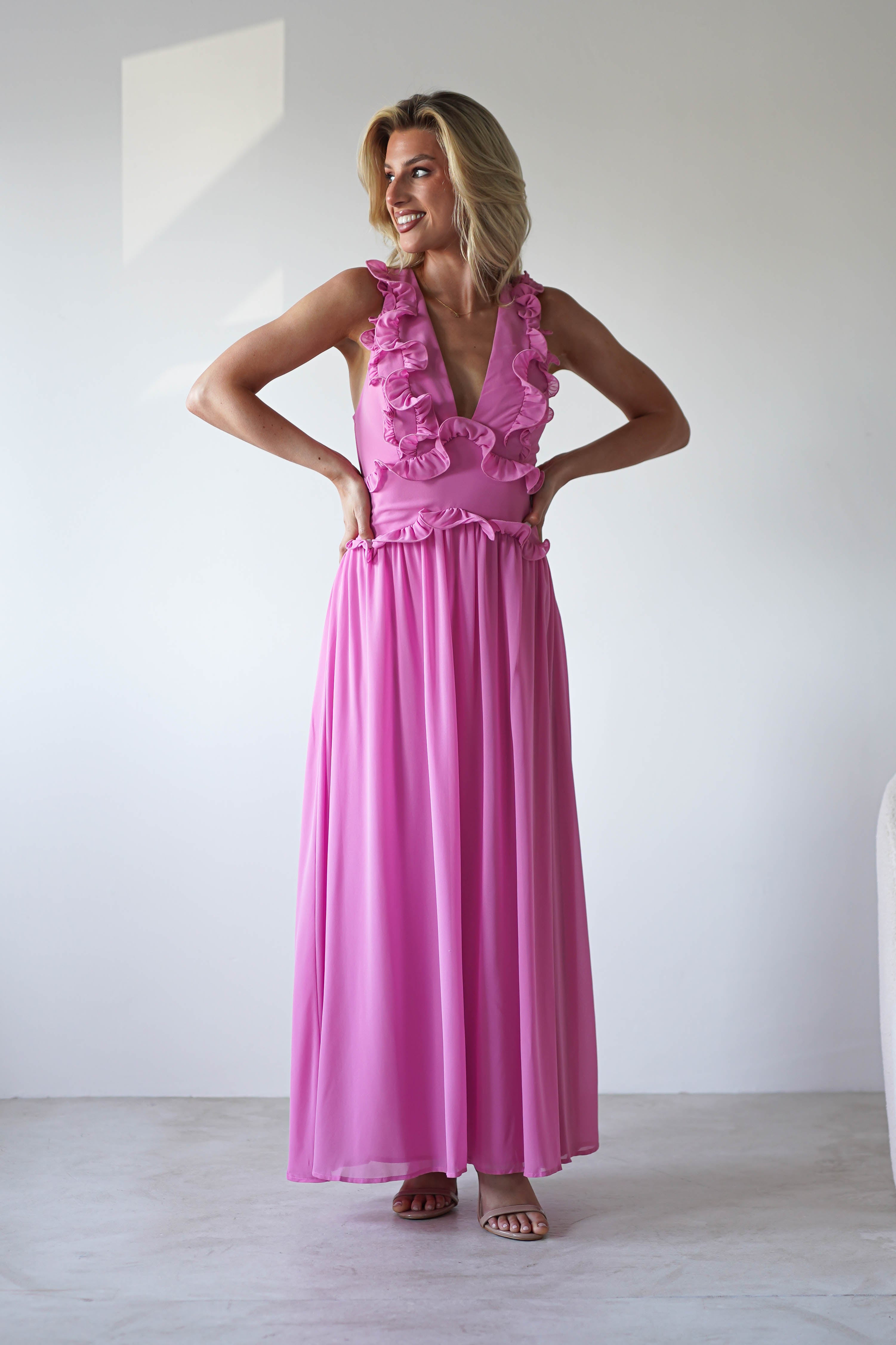 Ellie Ruffle Detail Maxi Dress | Pink | Oh Hello Clothing | XS (6)