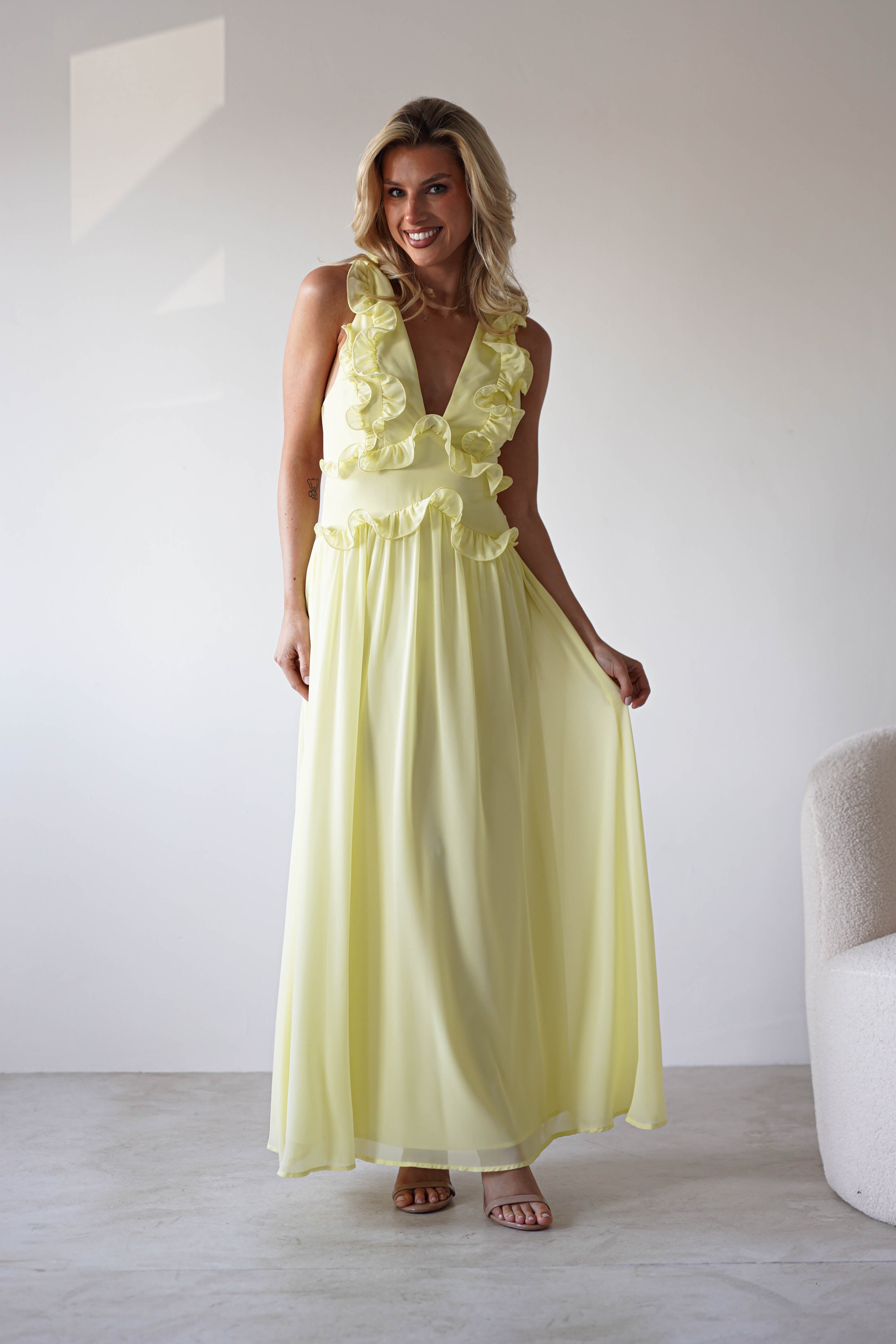 Ellie Ruffle Detail Maxi Dress | Yellow | Oh Hello Clothing | XS (6)