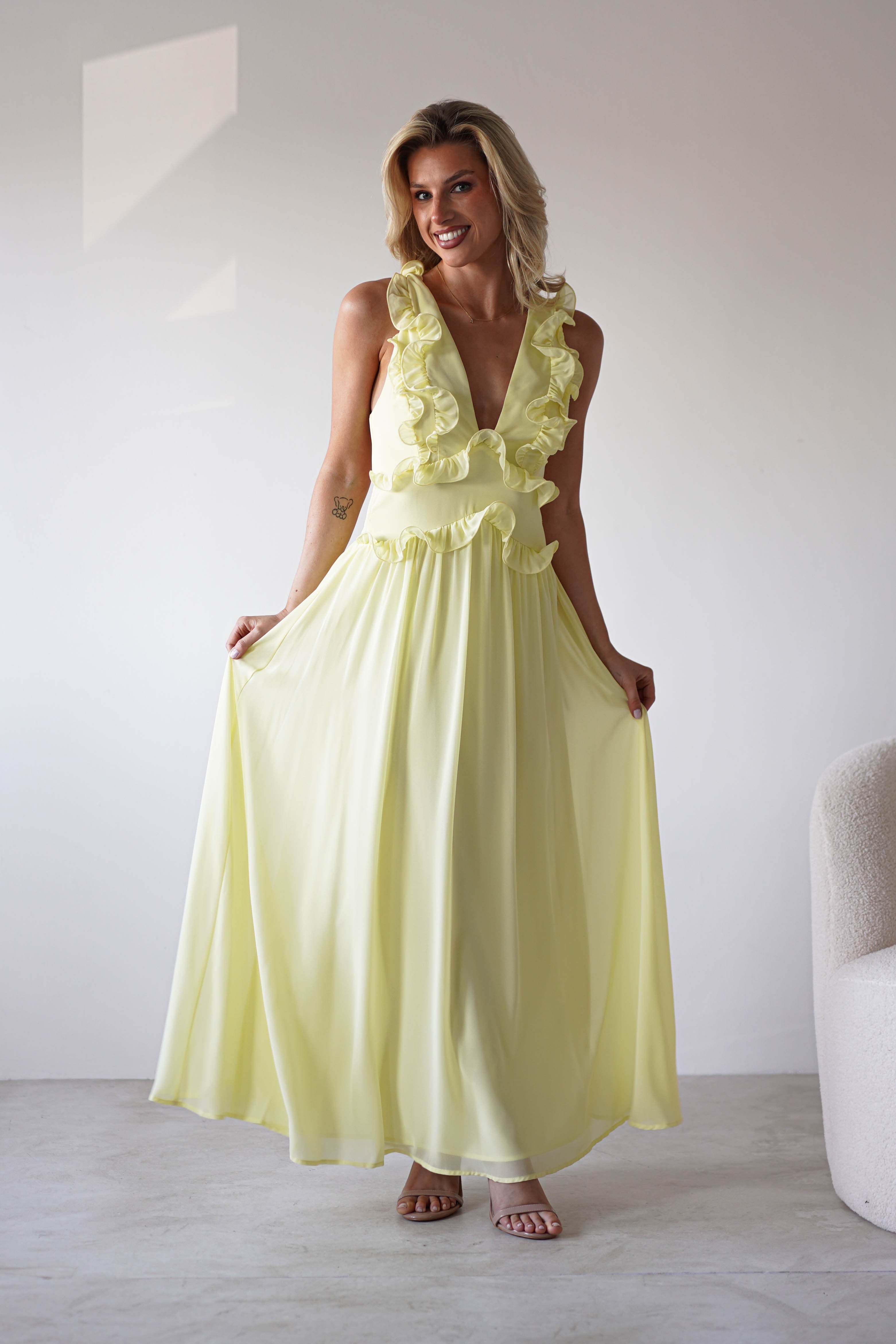 Ellie Ruffle Detail Maxi Dress | Yellow | Oh Hello Clothing | XS (6)
