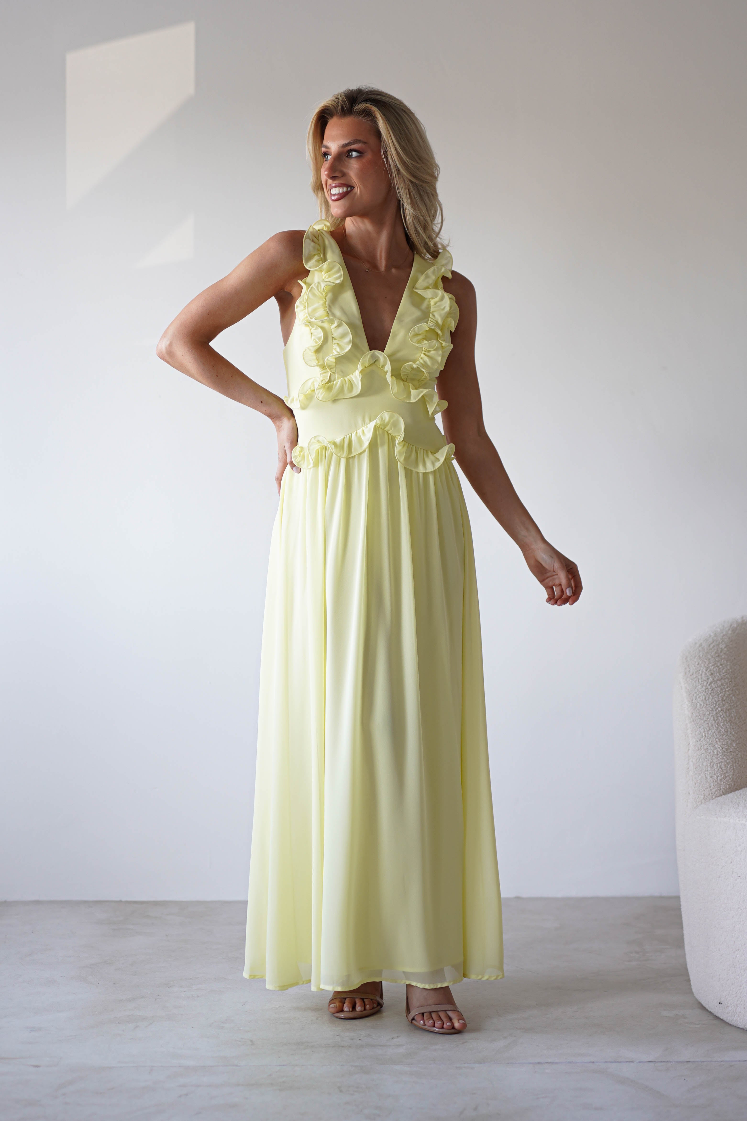 Ellie Ruffle Detail Maxi Dress | Yellow | Oh Hello Clothing | XS (6)