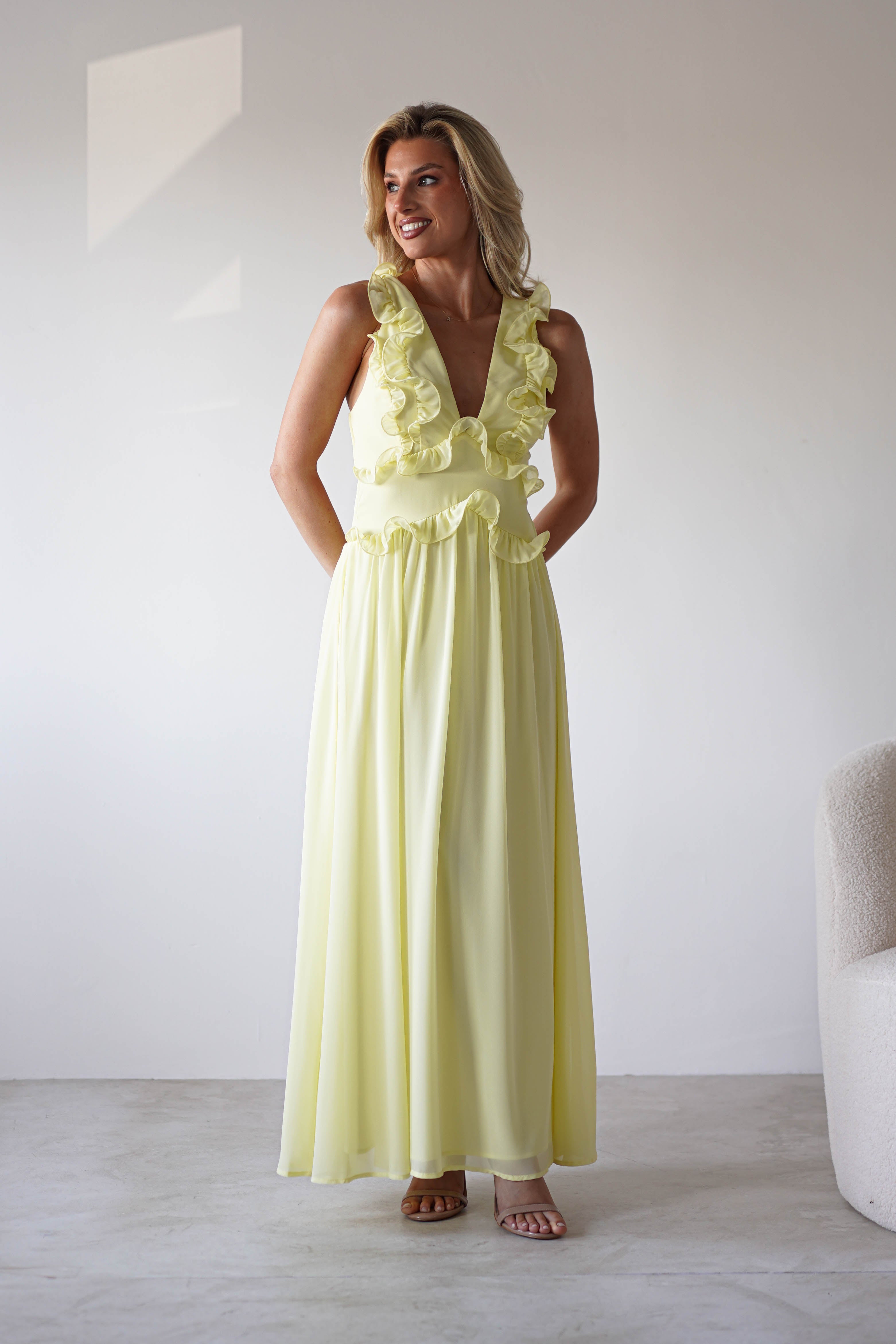 Ellie Ruffle Detail Maxi Dress | Yellow | Oh Hello Clothing | XS (6)