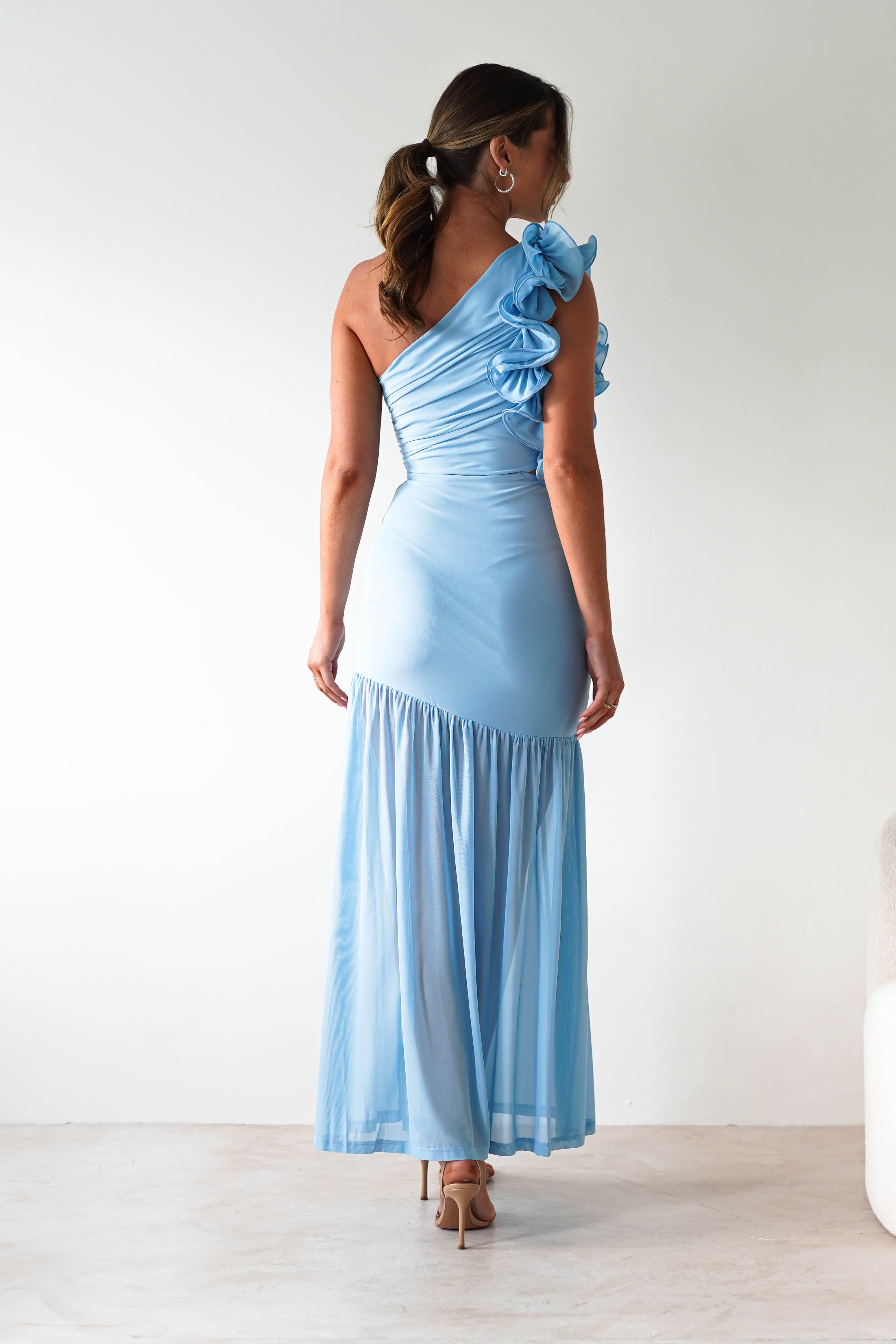 Stephanie Mesh Ruffle Maxi Dress | Blue | Oh Hello Clothing | XS (6)