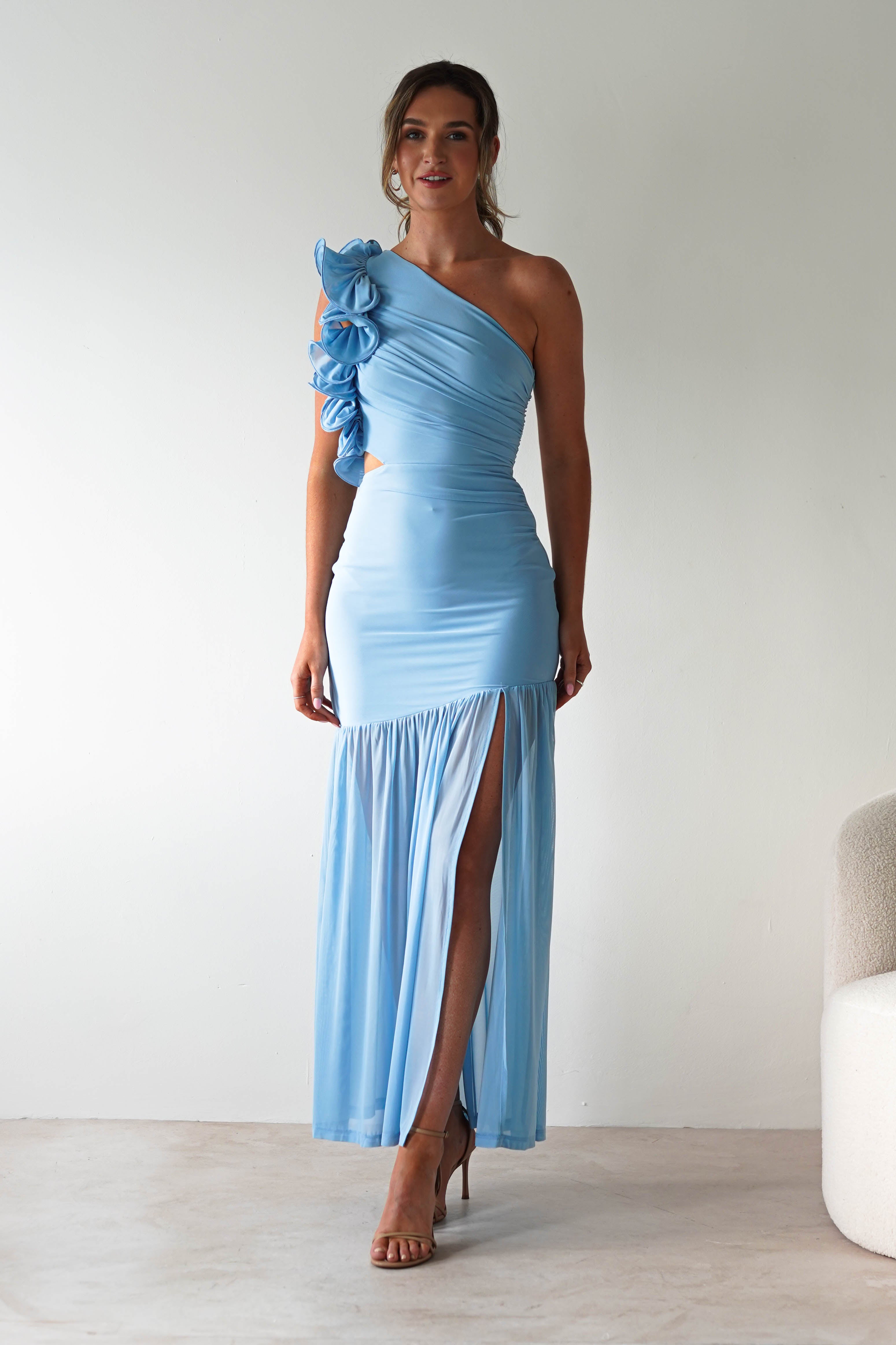Stephanie Mesh Ruffle Maxi Dress | Blue | Oh Hello Clothing | XS (6)