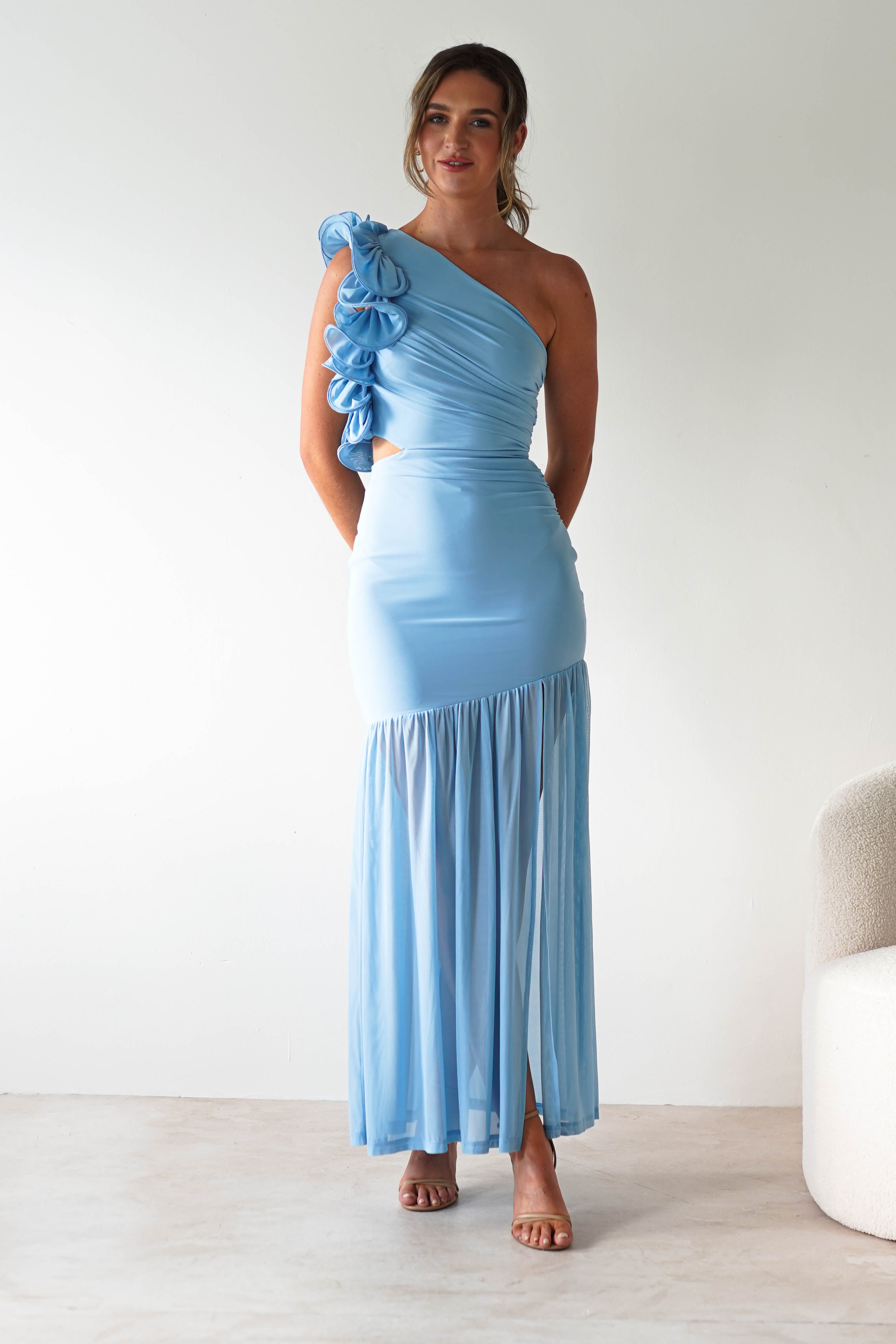 Stephanie Mesh Ruffle Maxi Dress | Blue | Oh Hello Clothing | XS (6)
