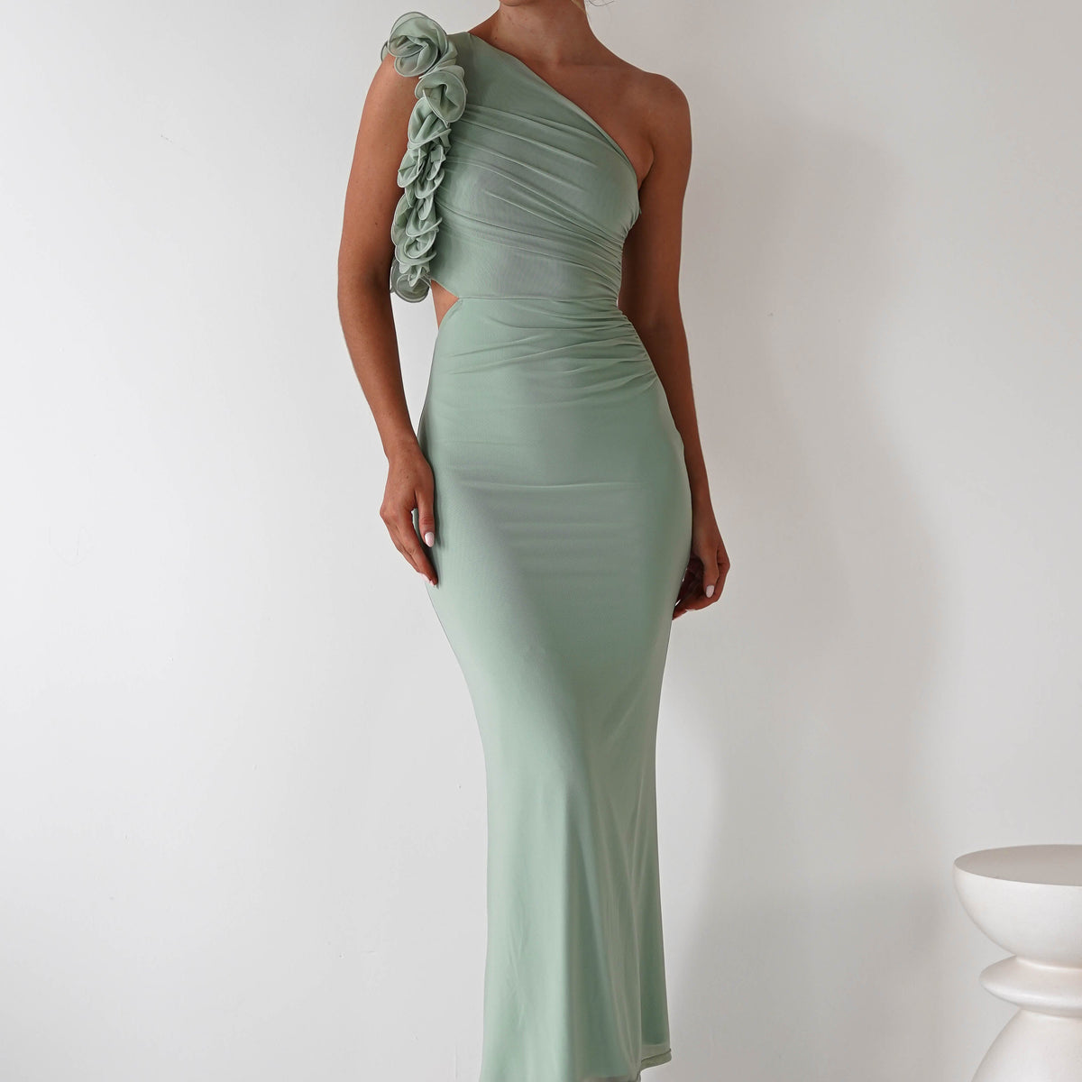 sage green off the shoulder ruched bodycon dress PrettyLittleThing | Dresses | Sage Green Off The Shoulder Ruched Bodycon Dress