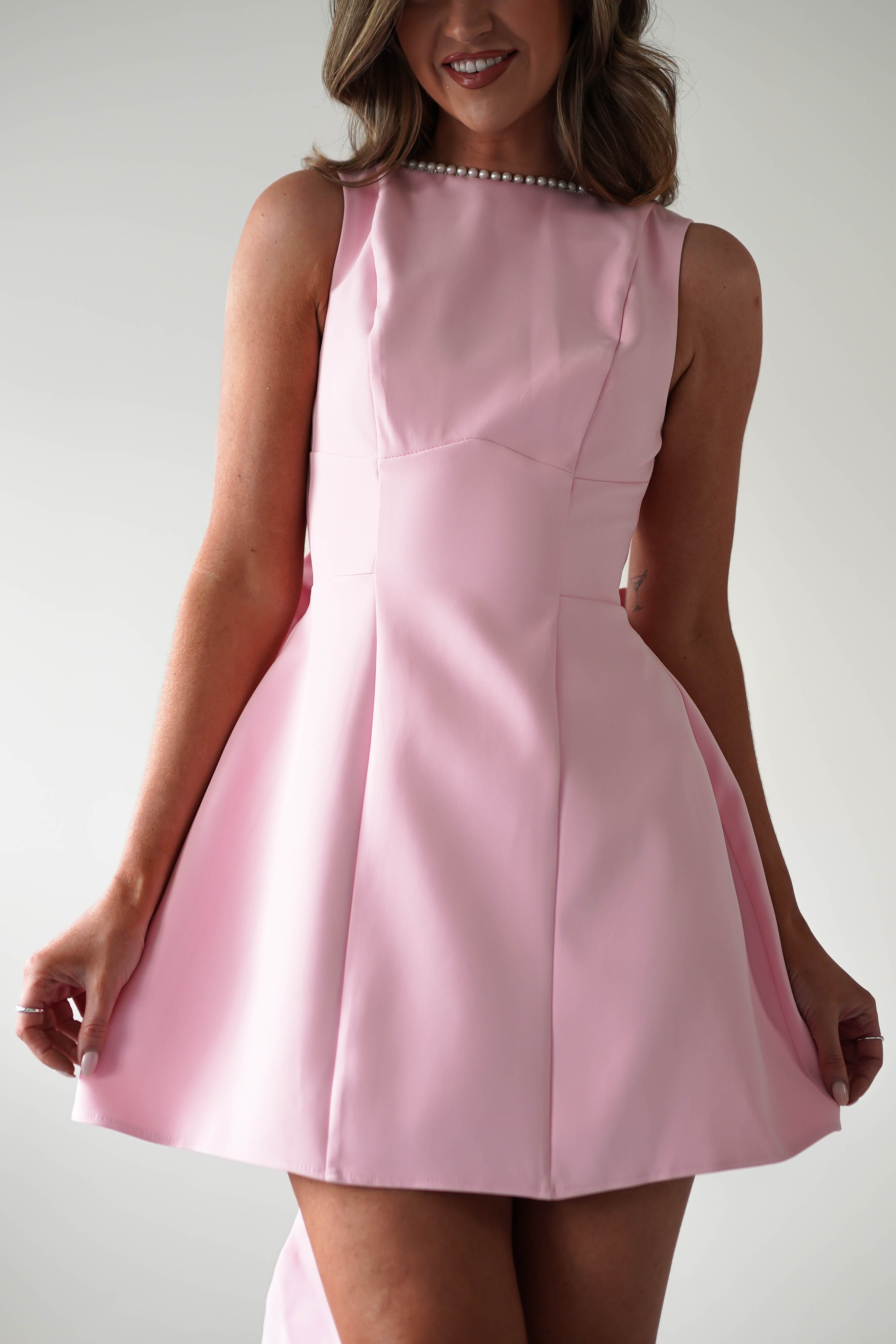 Maria Pearl Bow Detail Mini Dress | Pink | Oh Hello Clothing | XS (6)