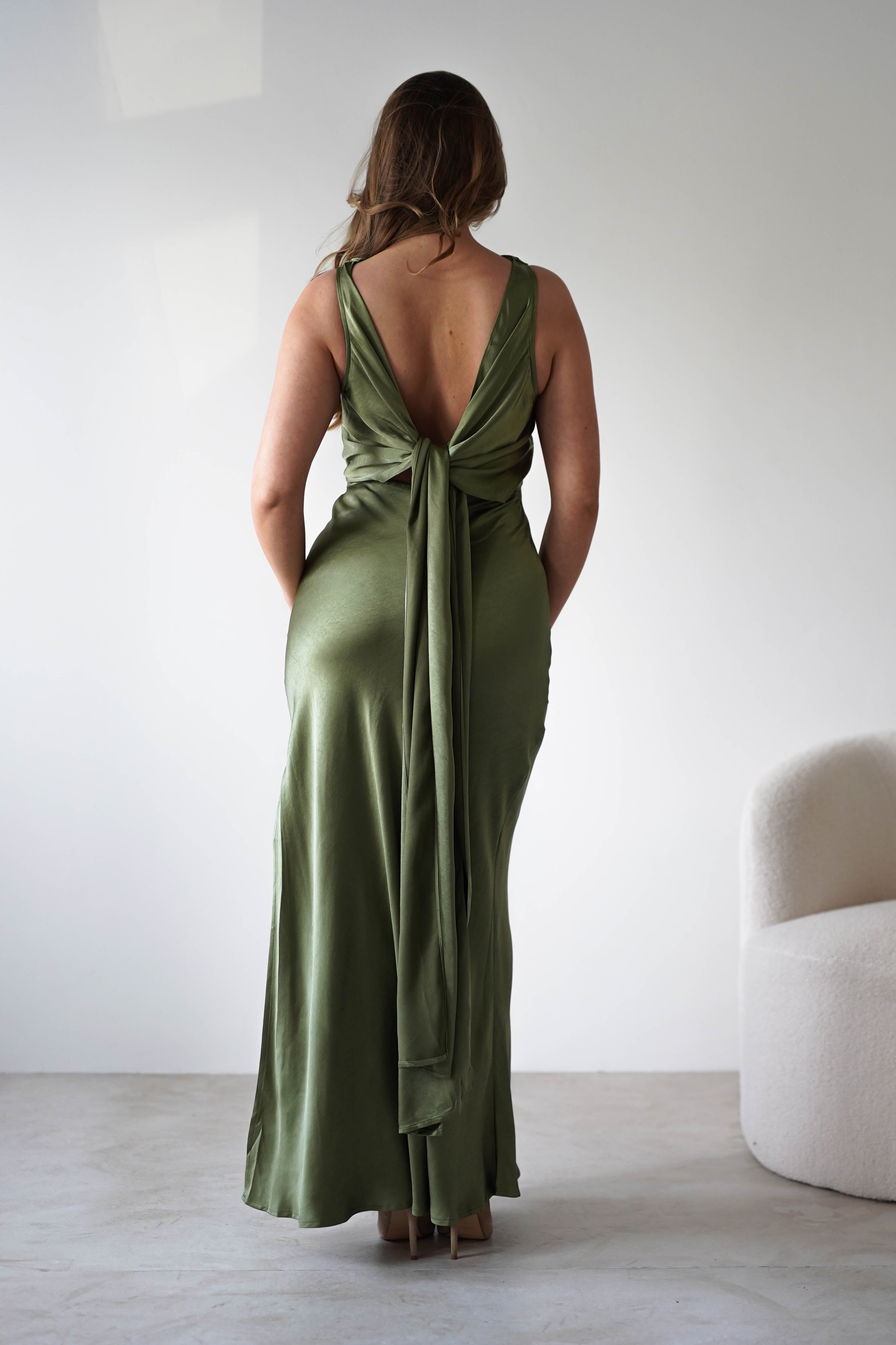 Darlee Tie Back Satin Maxi Dress | Olive | Oh Hello Clothing | XS (6)