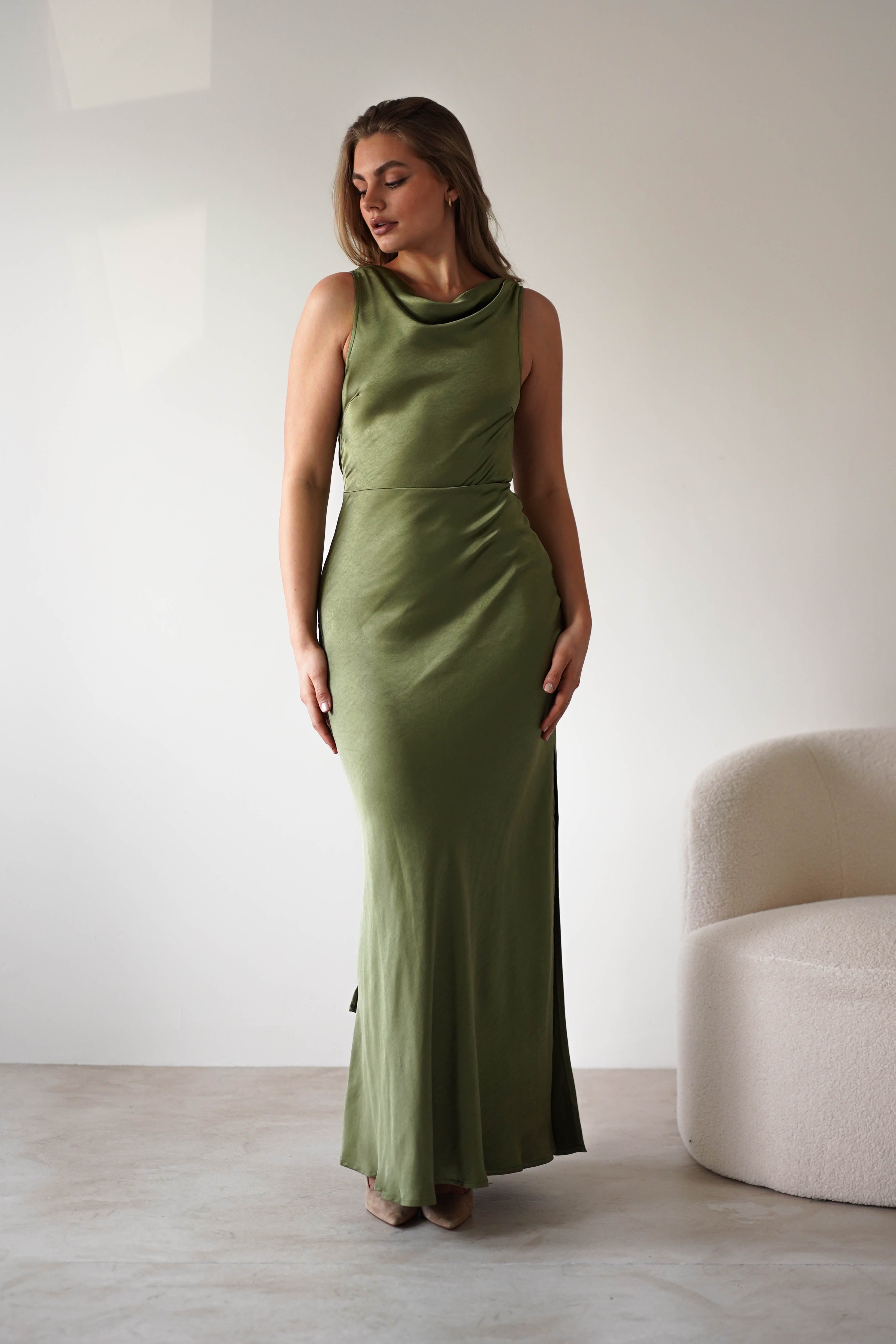 Darlee Tie Back Satin Maxi Dress | Olive | Oh Hello Clothing | XS (6)