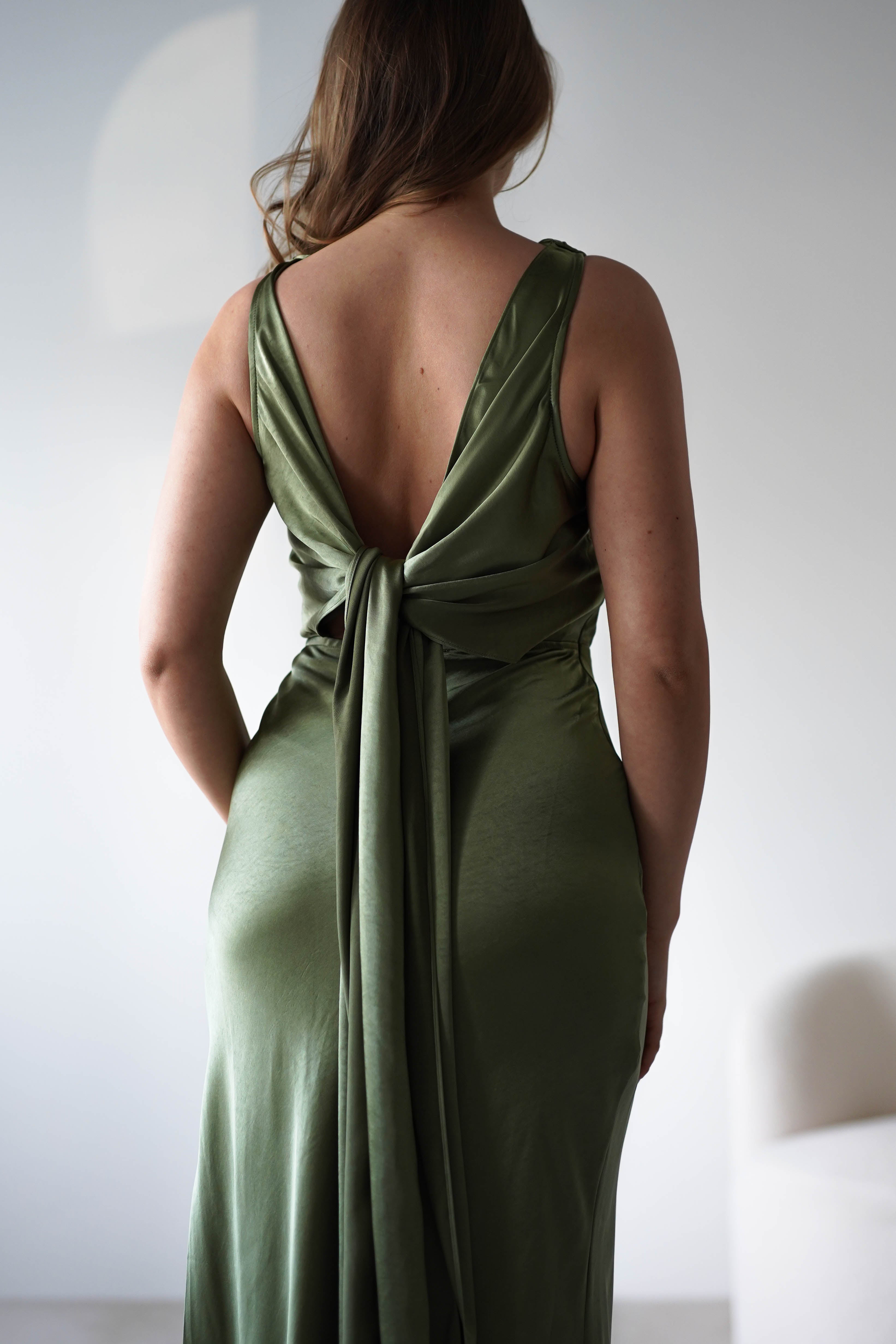 Darlee Tie Back Satin Maxi Dress | Olive | Oh Hello Clothing | XS (6)