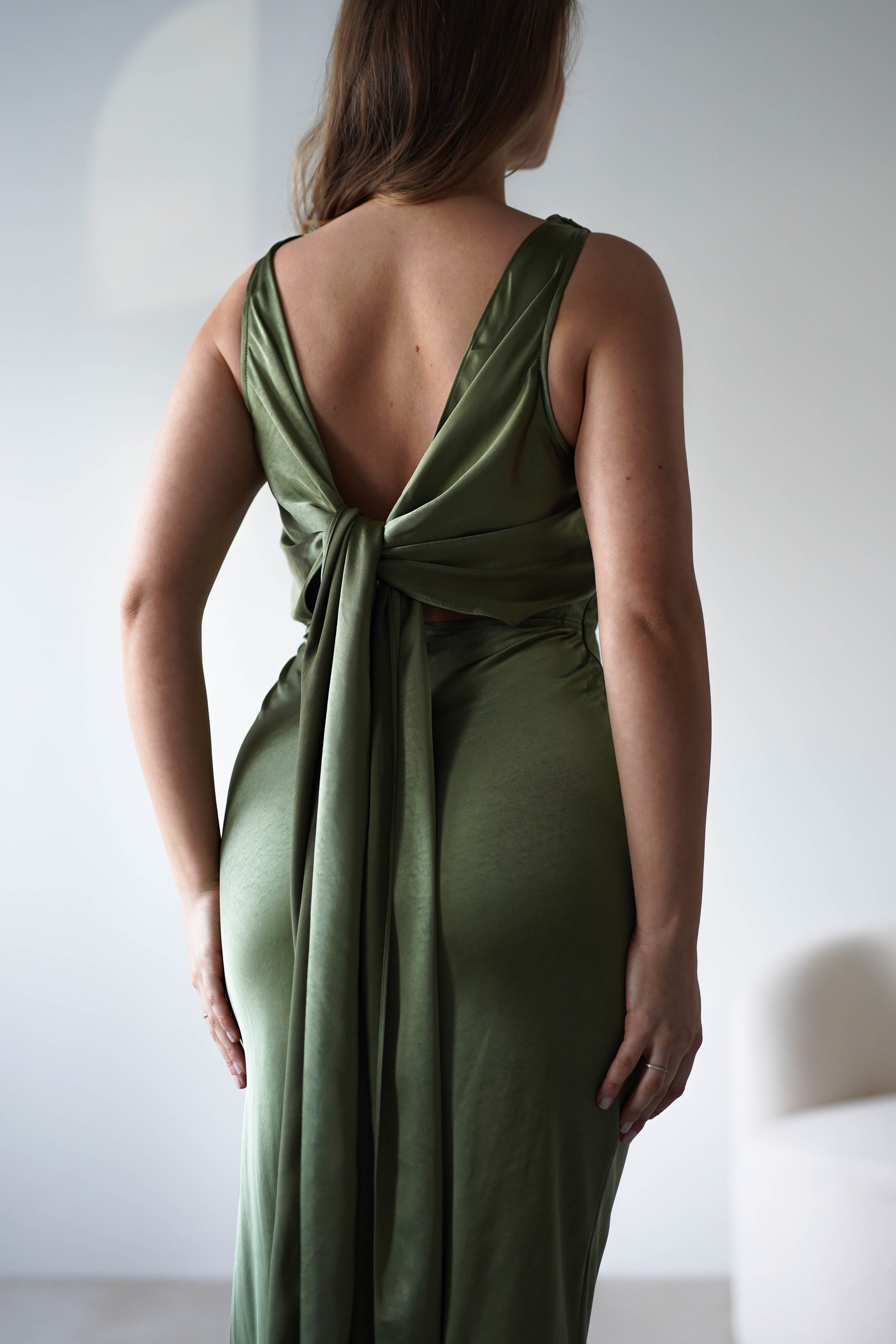 Darlee Tie Back Satin Maxi Dress | Olive | Oh Hello Clothing | XS (6)