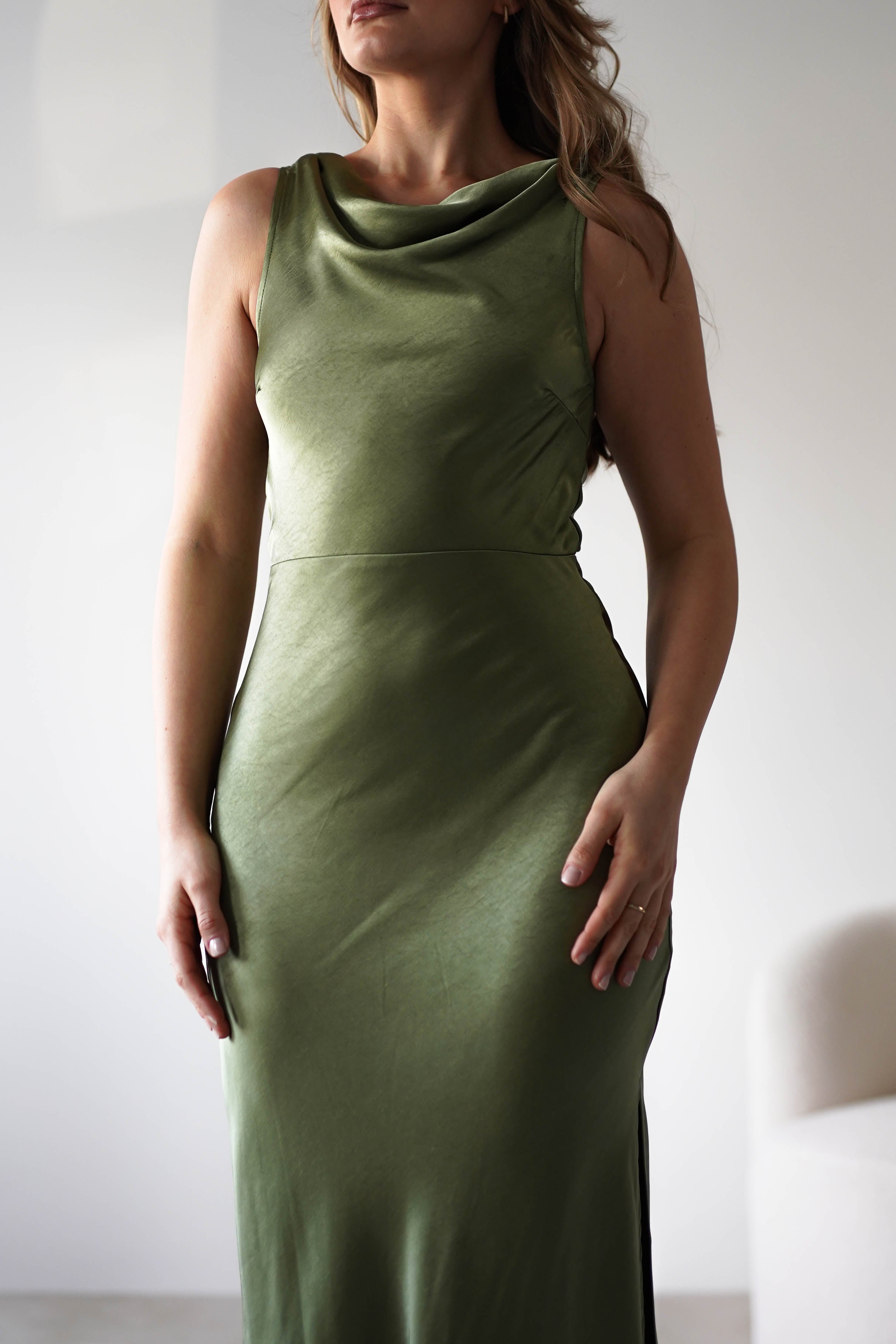 Darlee Tie Back Satin Maxi Dress | Olive | Oh Hello Clothing | XS (6)