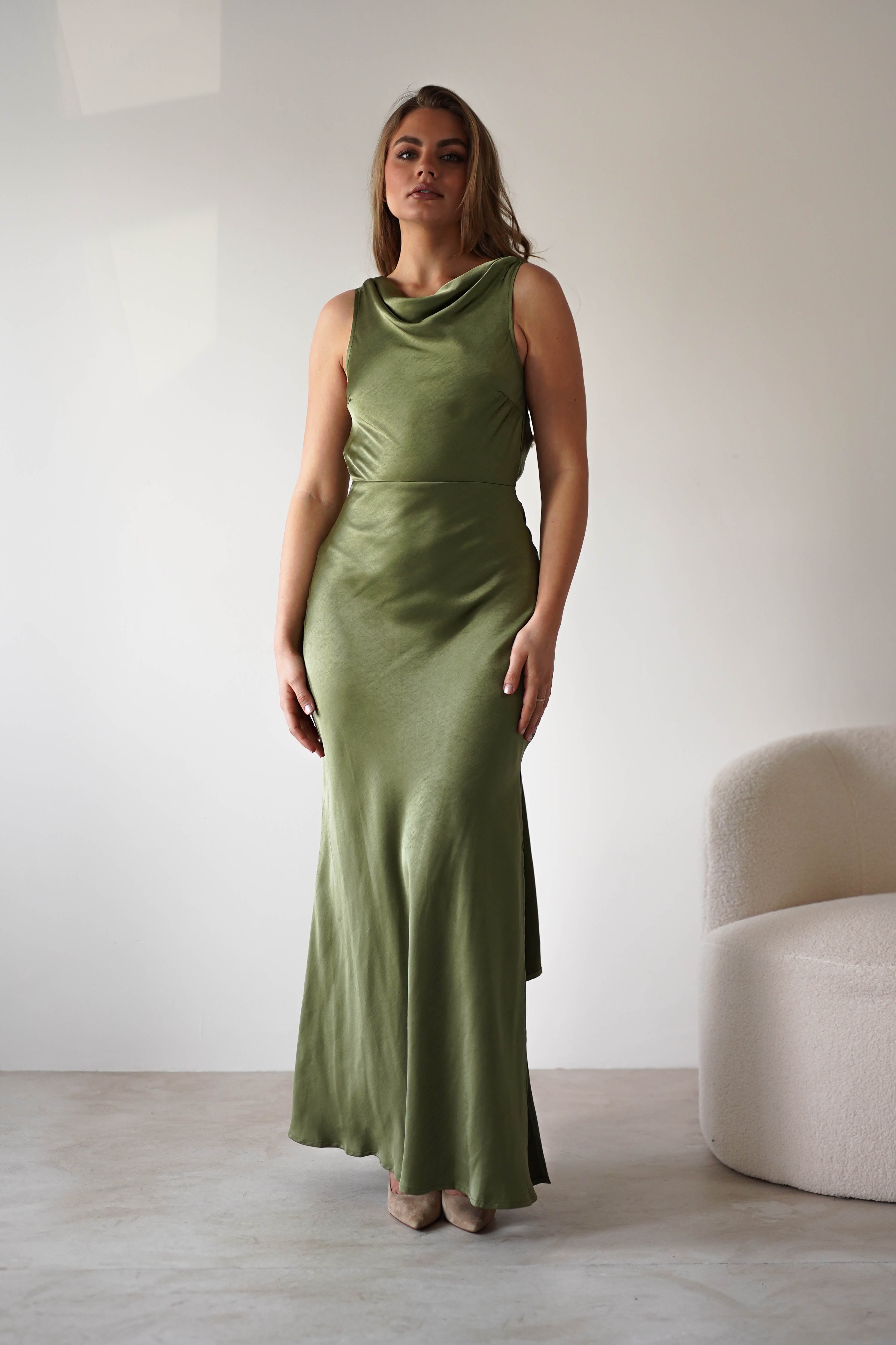 Darlee Tie Back Satin Maxi Dress | Olive | Oh Hello Clothing | XS (6)