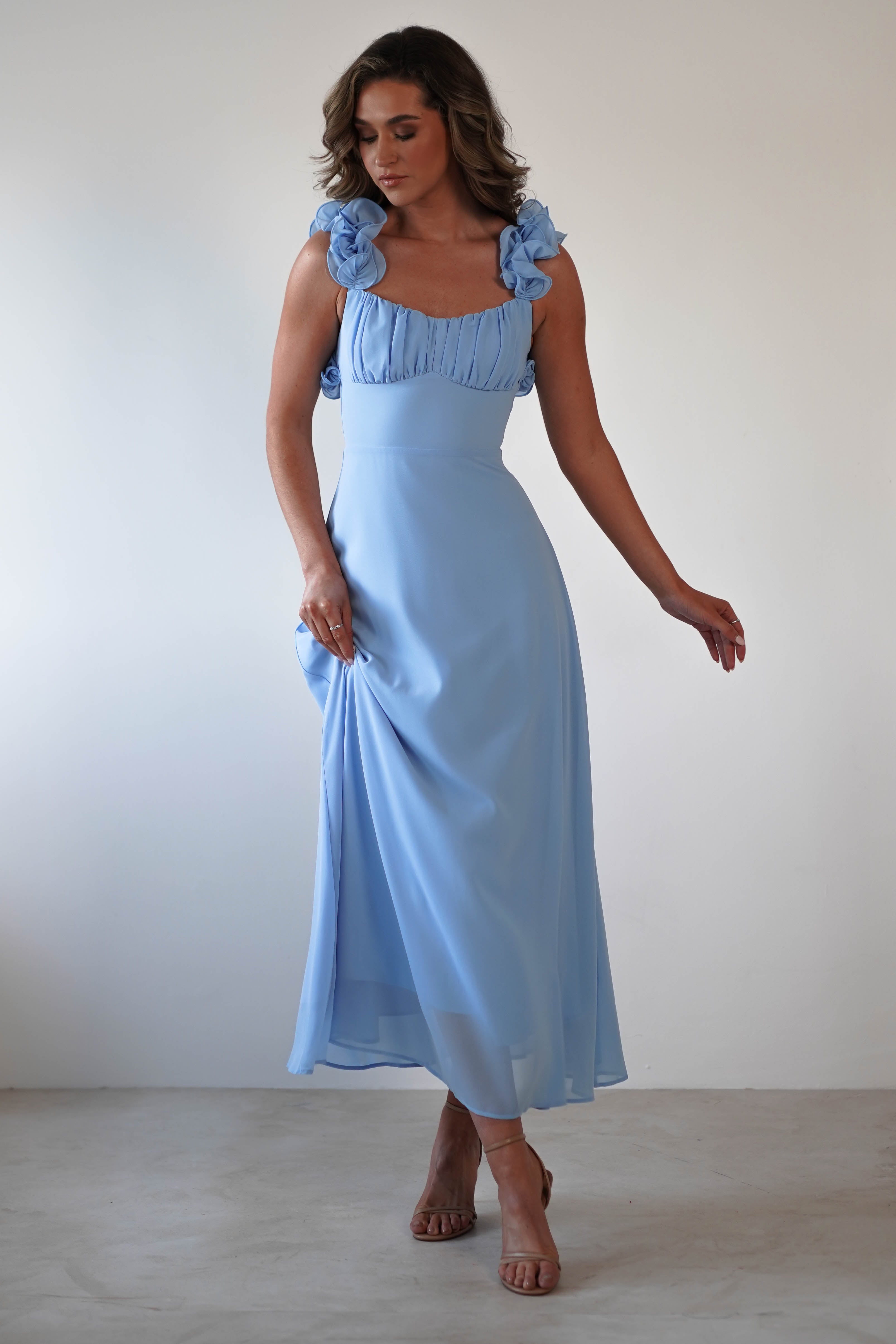 Sadie Ruffle Sleeve Maxi Dress | Blue | Oh Hello Clothing | XS (6)
