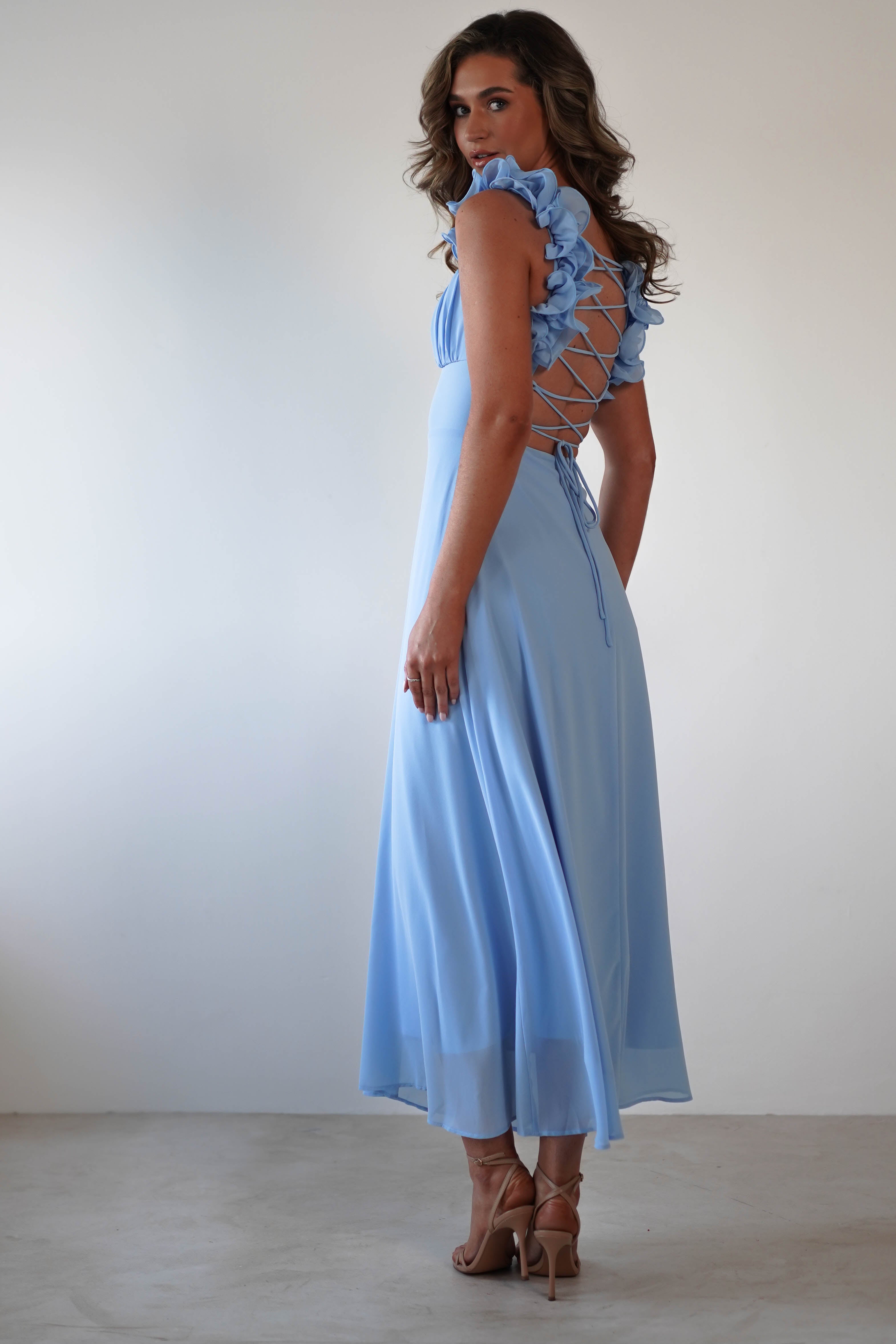 Sadie Ruffle Sleeve Maxi Dress | Blue | Oh Hello Clothing | XS (6)