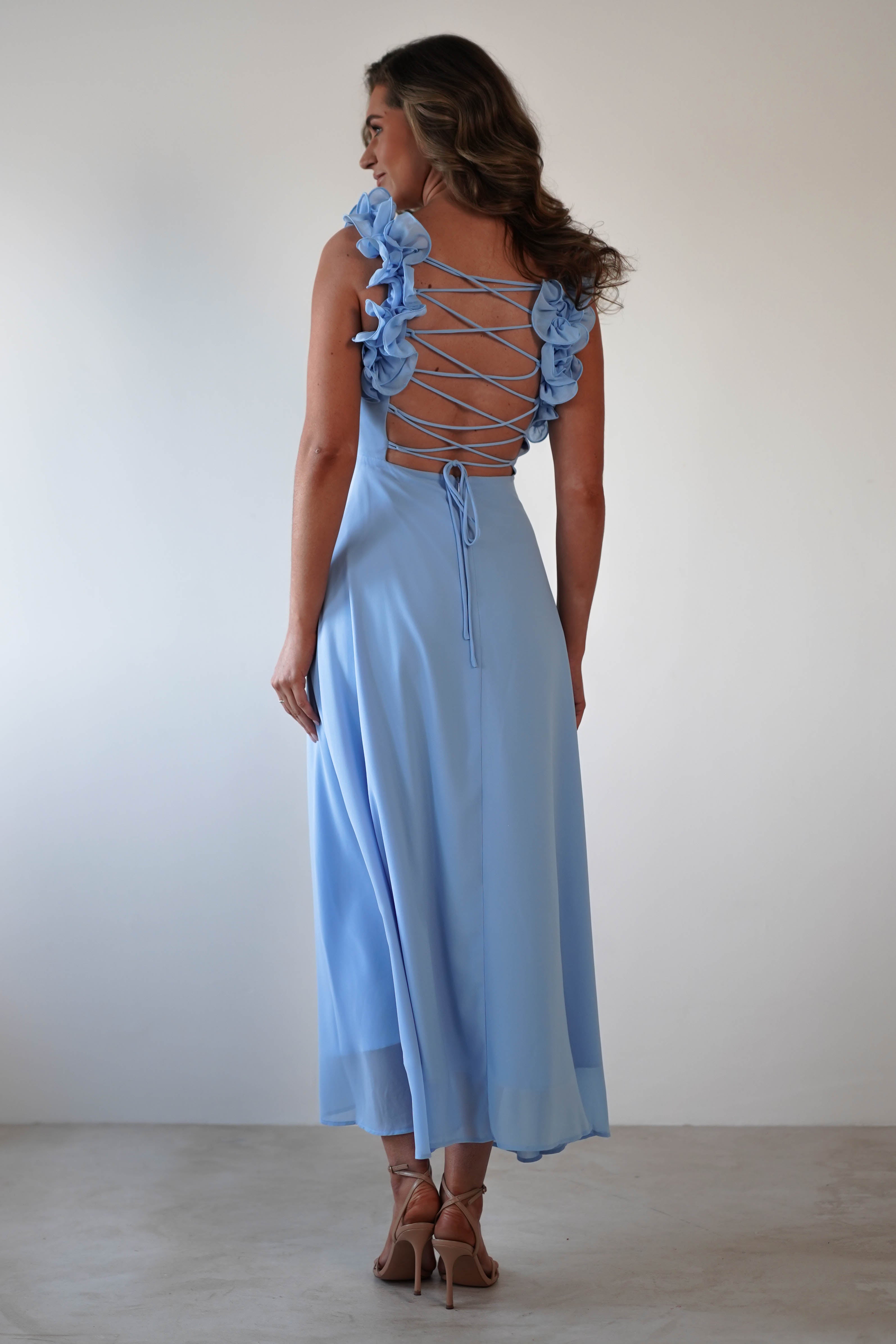 Sadie Ruffle Sleeve Maxi Dress | Blue | Oh Hello Clothing | XS (6)