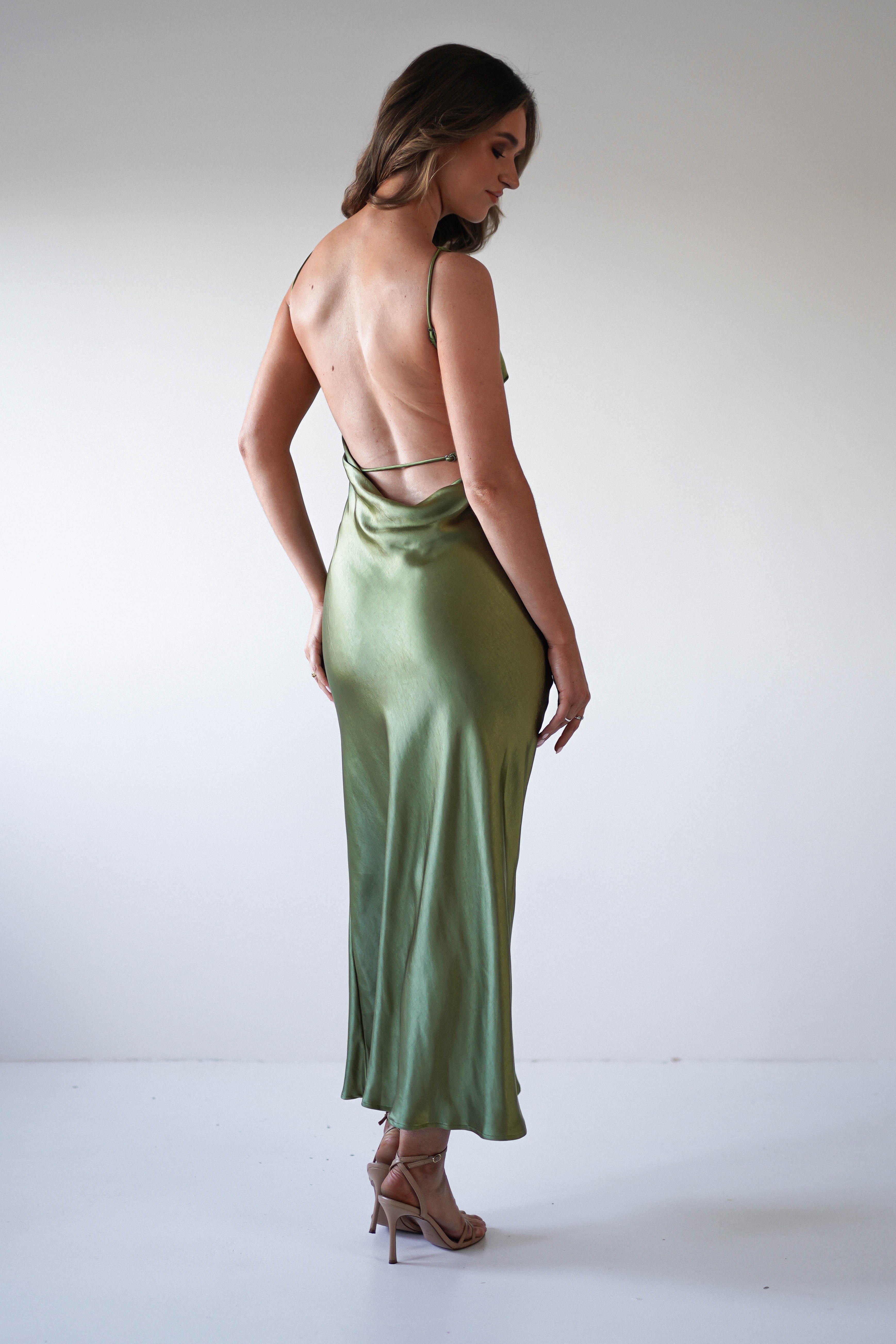 Bayleigh Soft Satin Maxi Dress | Olive - Oh Hello Clothing