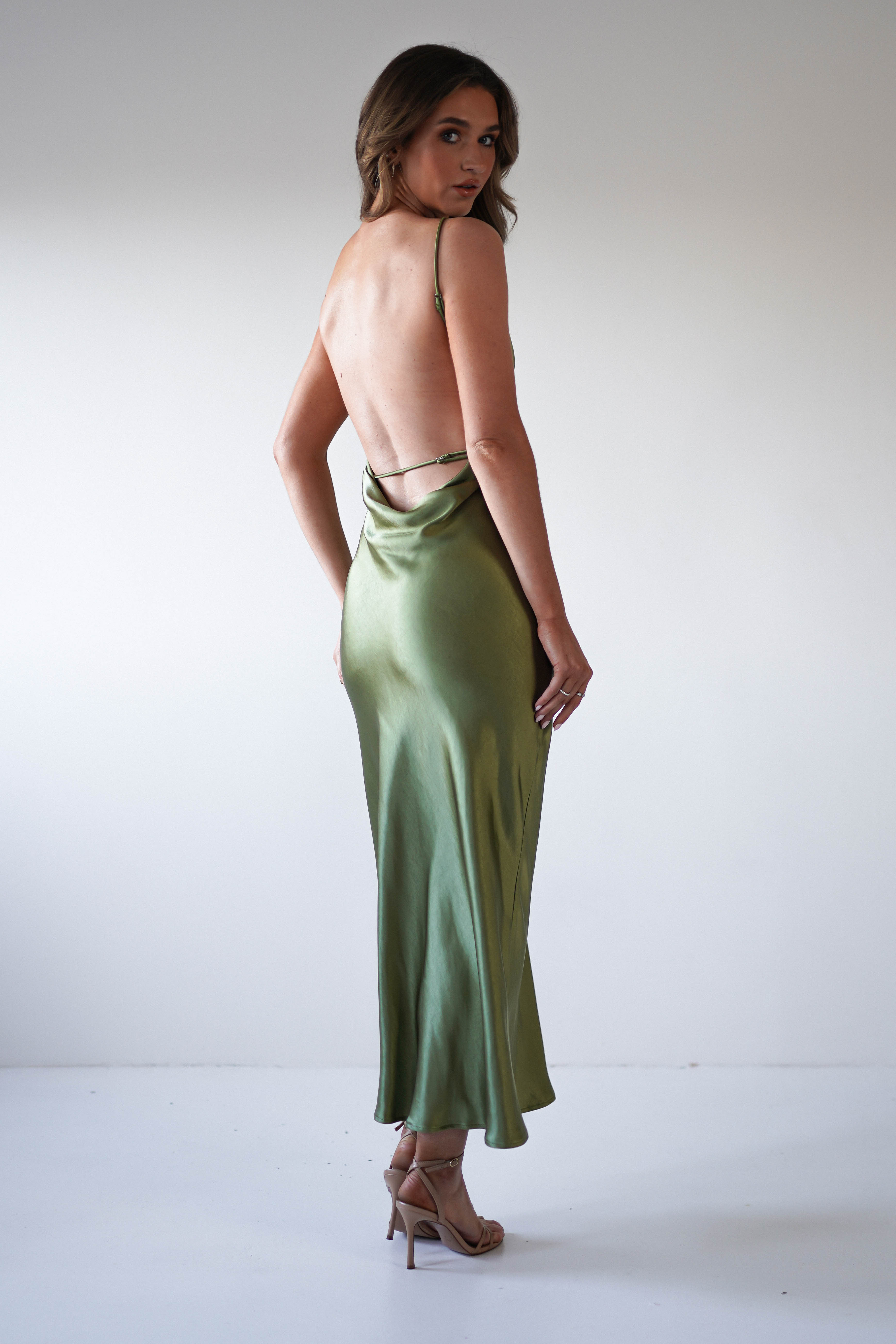 Bayleigh Soft Satin Maxi Dress | Olive - Oh Hello Clothing