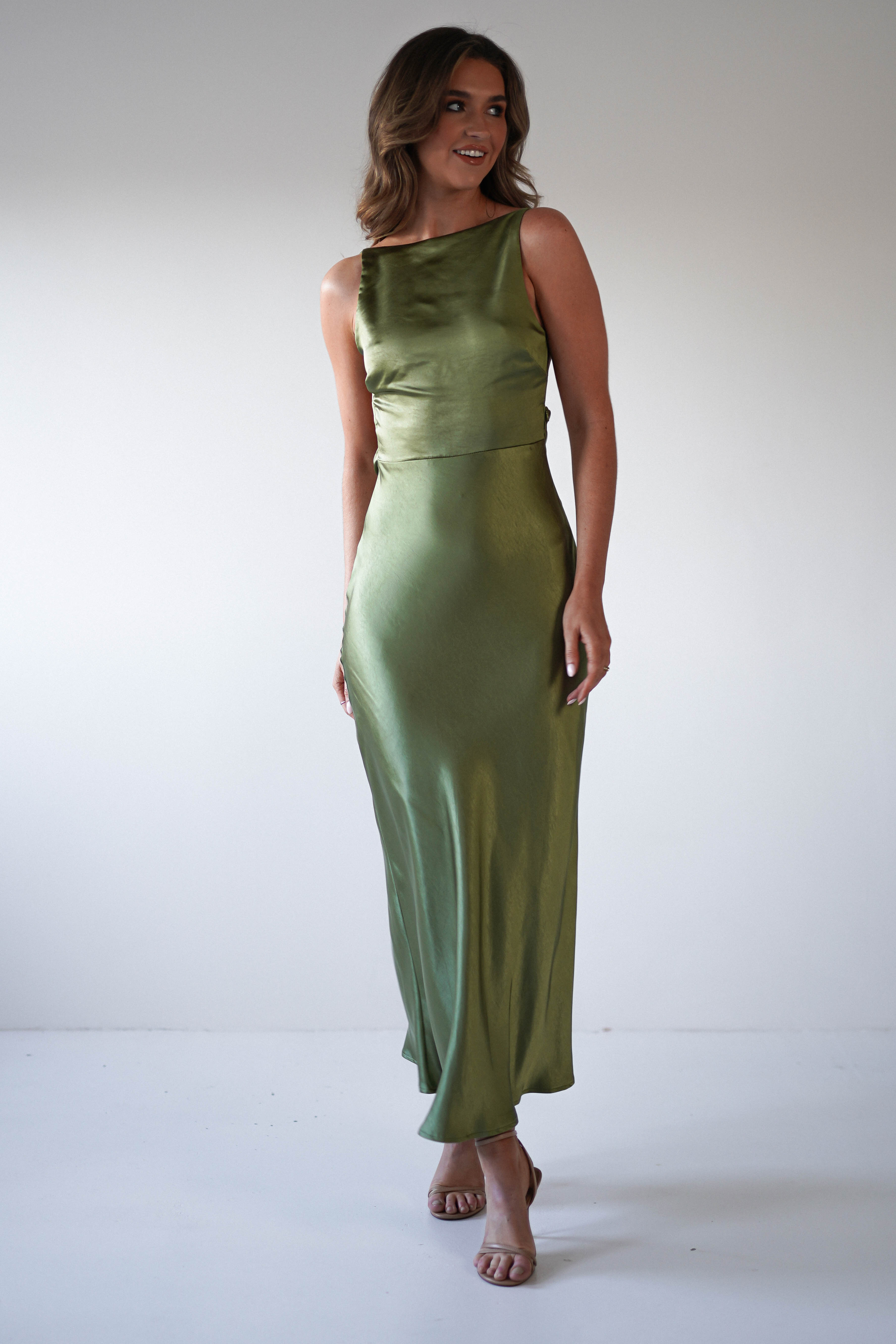 Bayleigh Soft Satin Maxi Dress | Olive - Oh Hello Clothing
