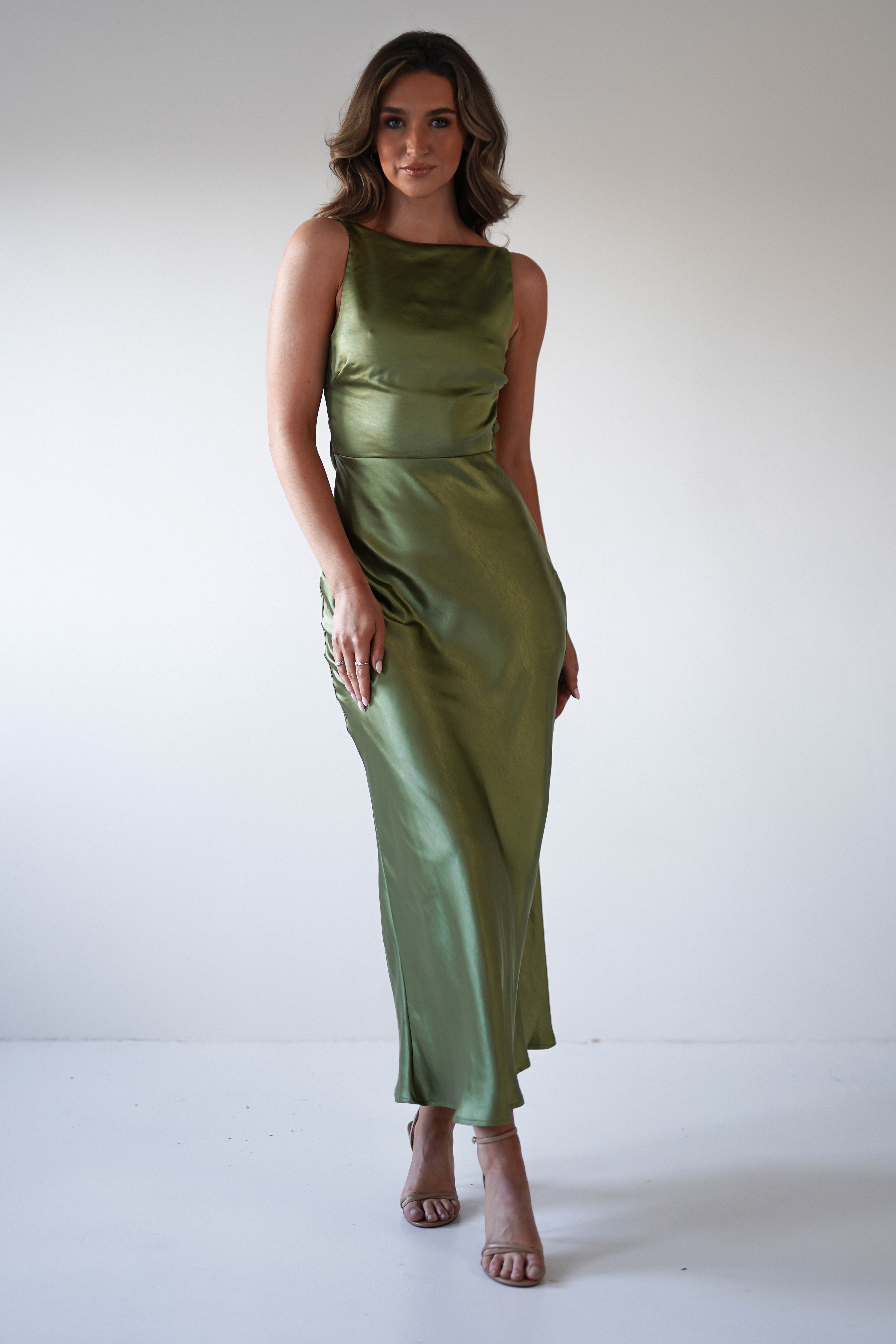 Bayleigh Soft Satin Maxi Dress | Olive - Oh Hello Clothing