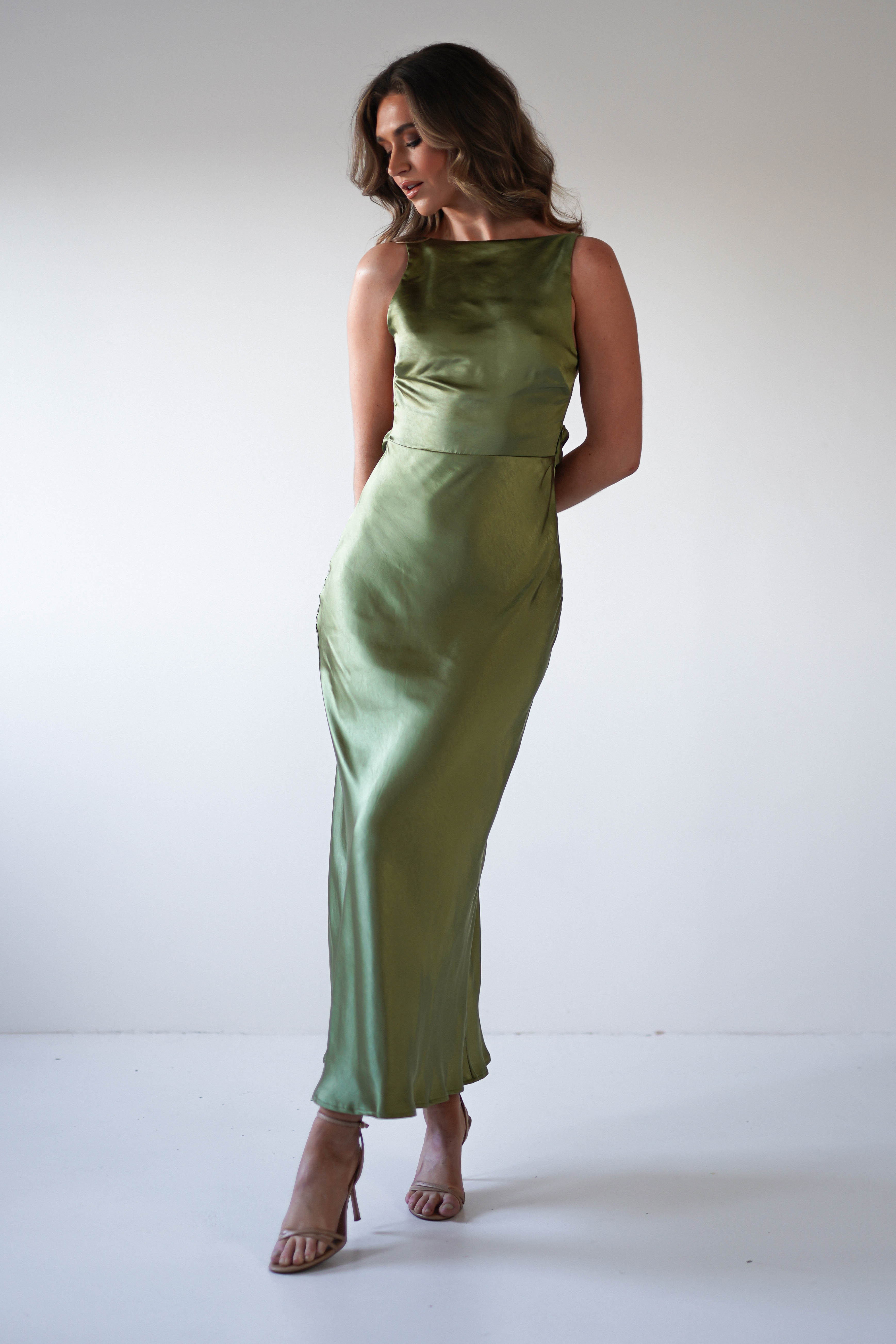 Bayleigh Soft Satin Maxi Dress | Olive - Oh Hello Clothing