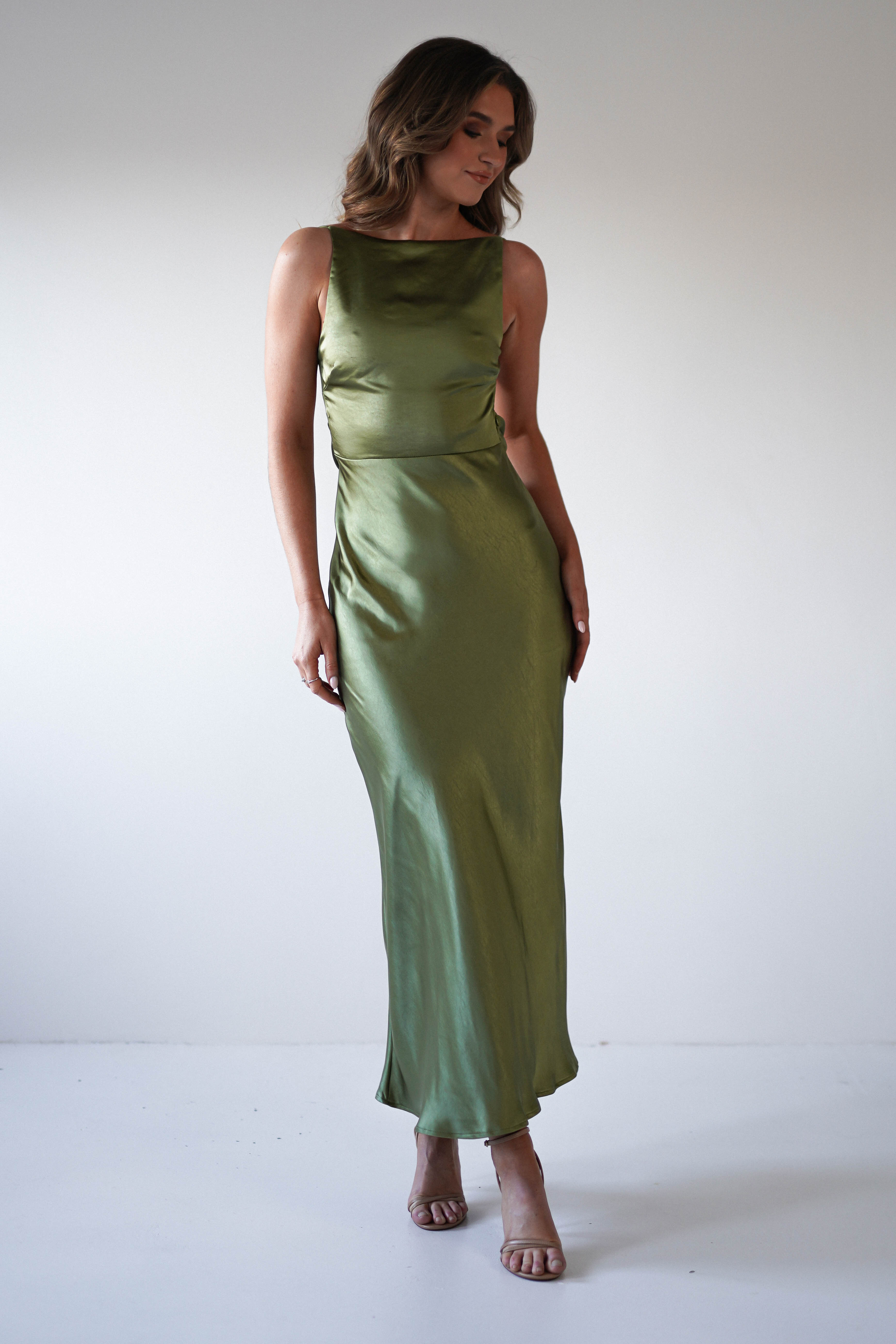 Bayleigh Soft Satin Maxi Dress | Olive - Oh Hello Clothing