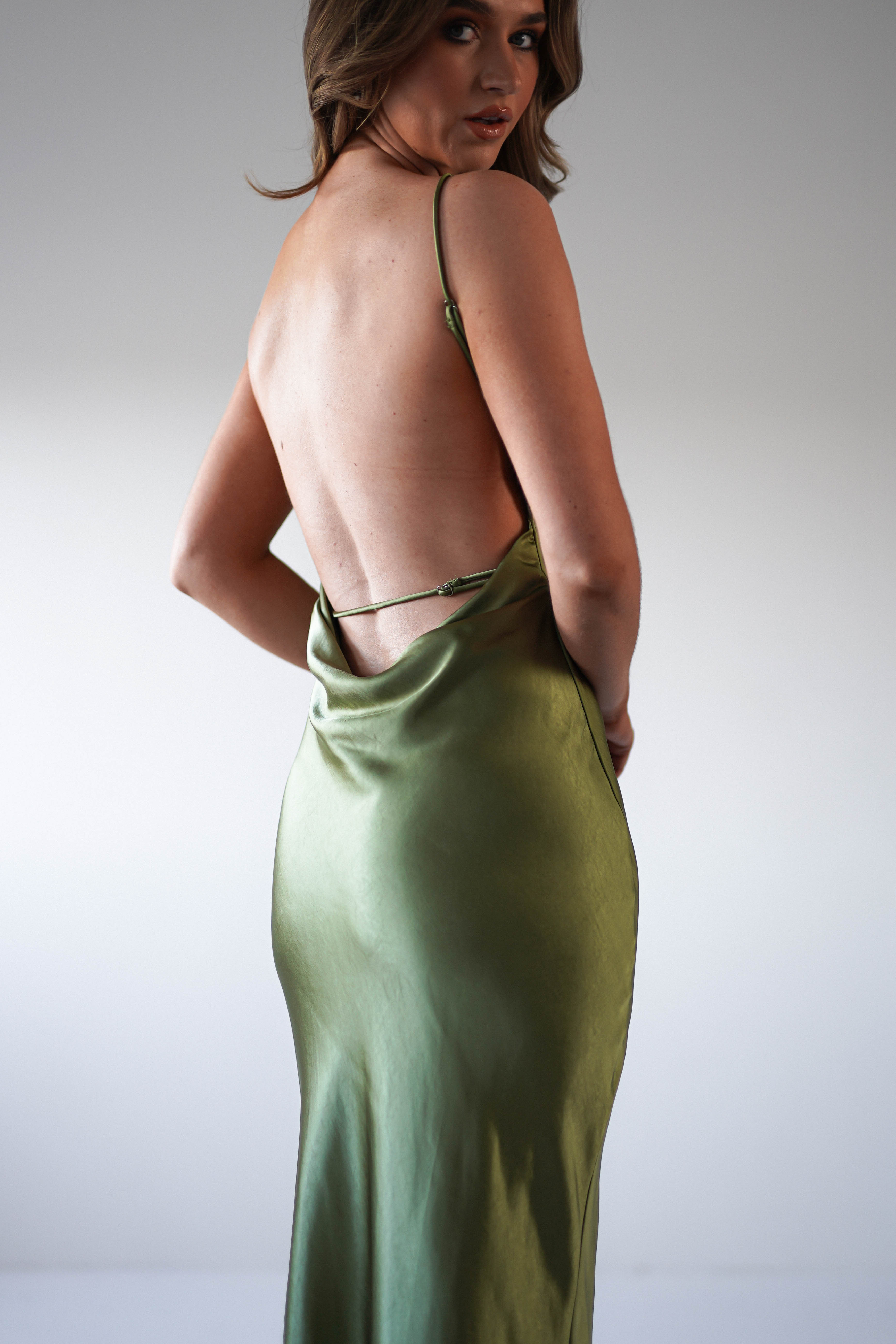 Bayleigh Soft Satin Maxi Dress | Olive - Oh Hello Clothing
