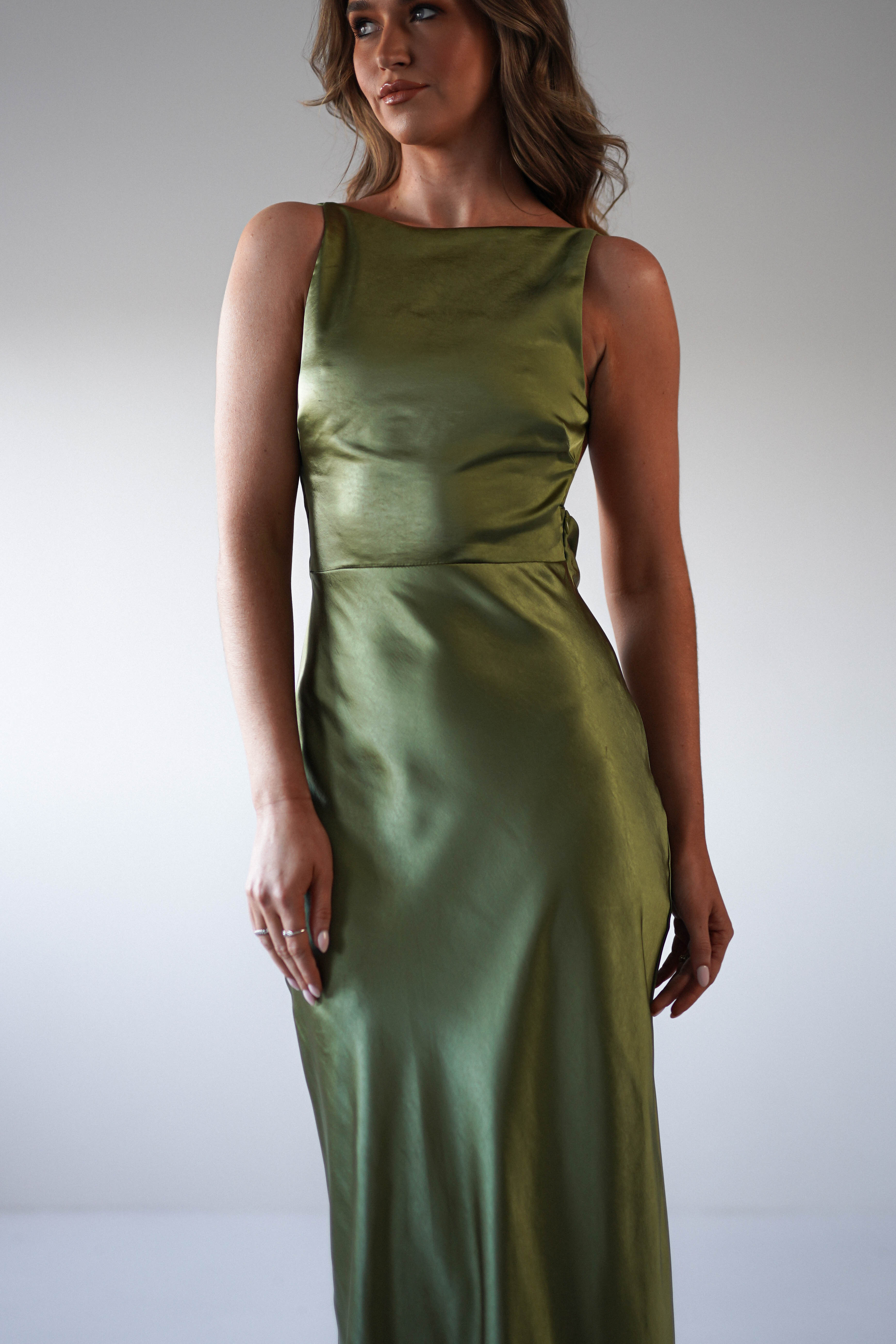 Bayleigh Soft Satin Maxi Dress | Olive - Oh Hello Clothing