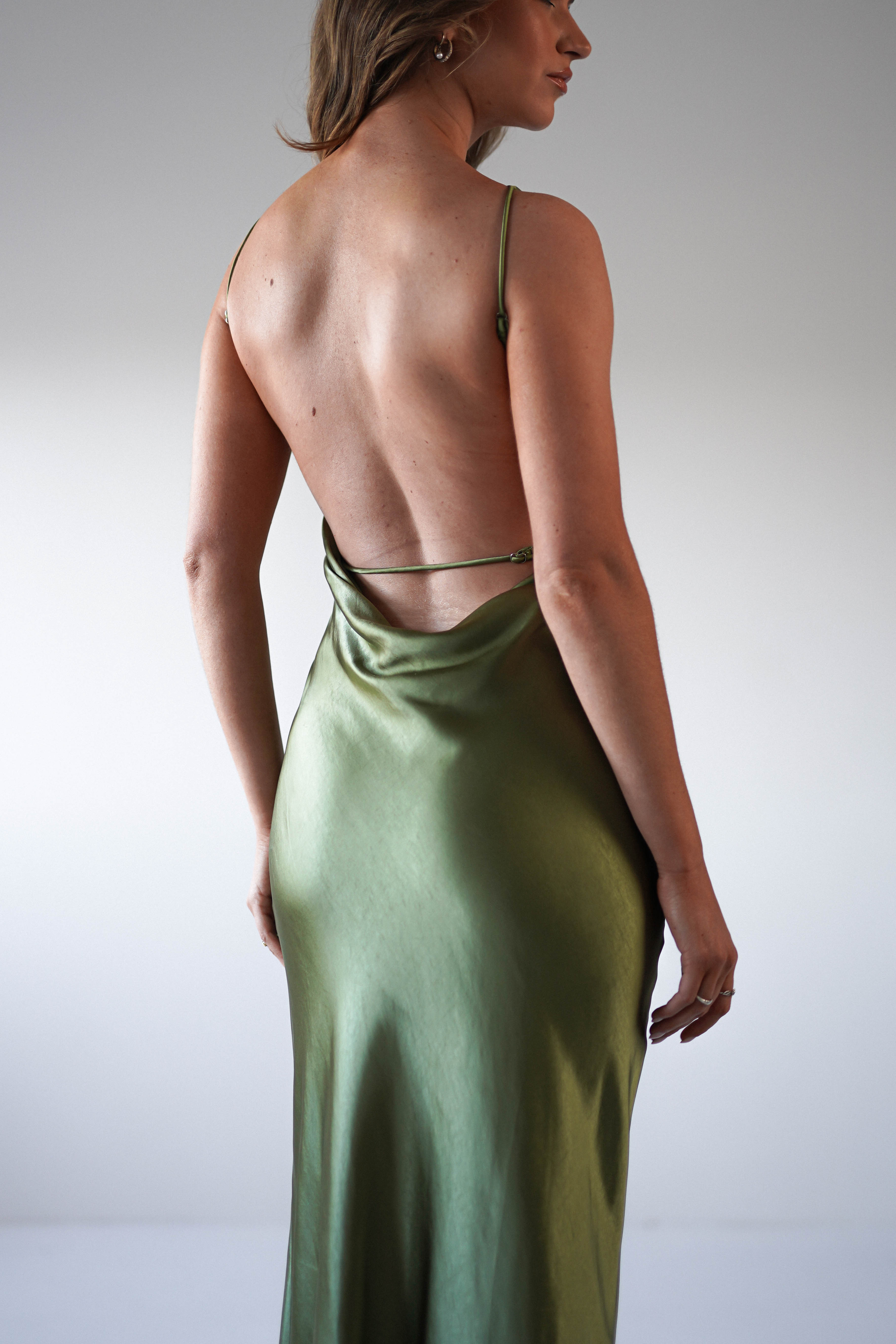 Bayleigh Soft Satin Maxi Dress | Olive - Oh Hello Clothing