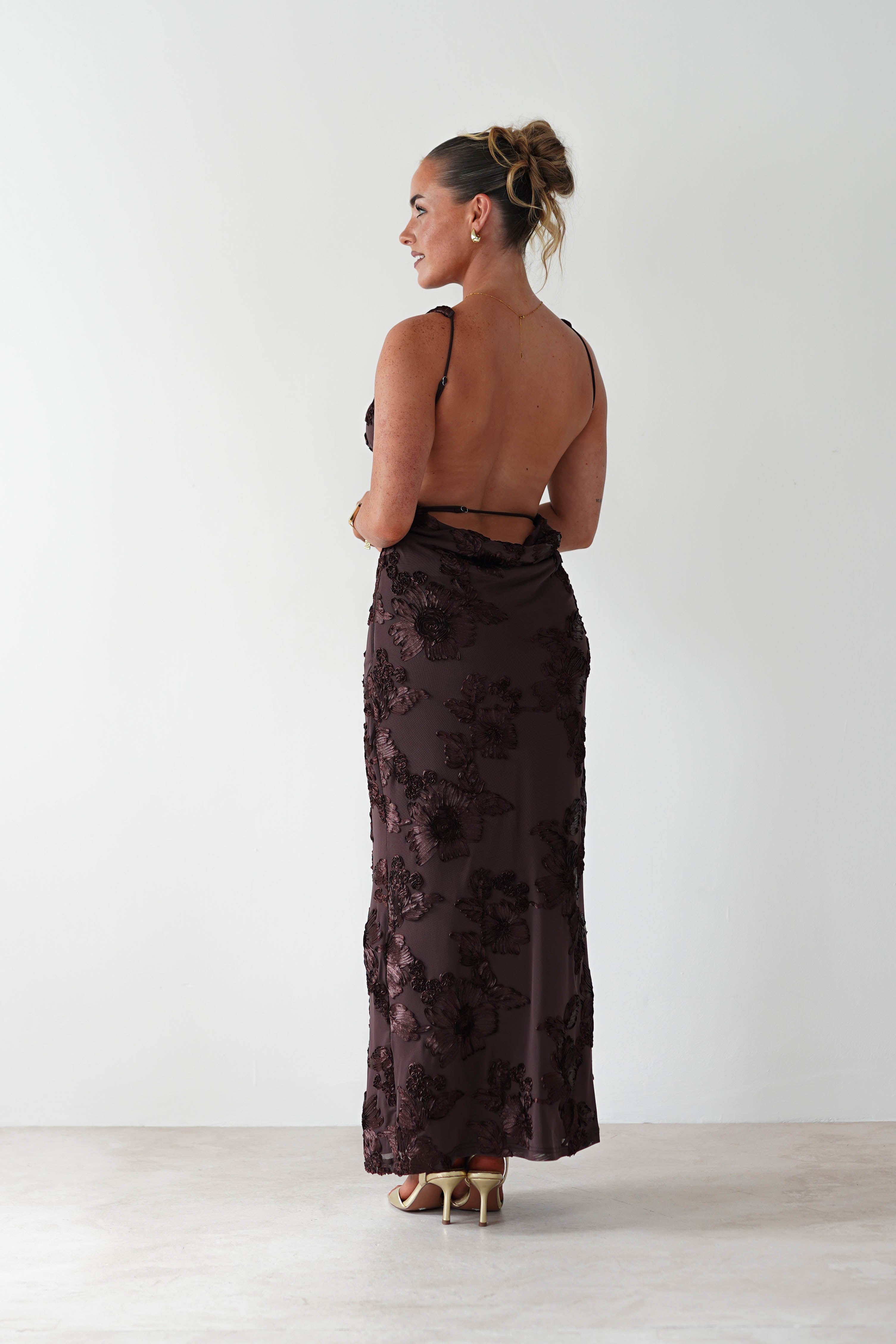 Demi Floral Textured Maxi Dress | Brown | Oh Hello Clothing | XS (6)