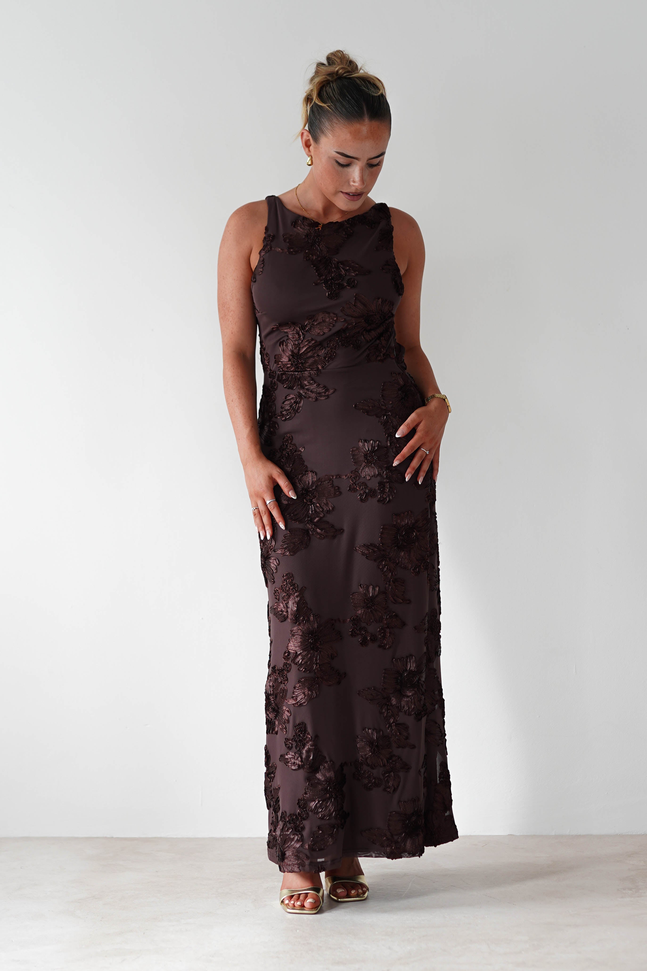 Demi Floral Textured Maxi Dress | Brown | Oh Hello Clothing | XS (6)