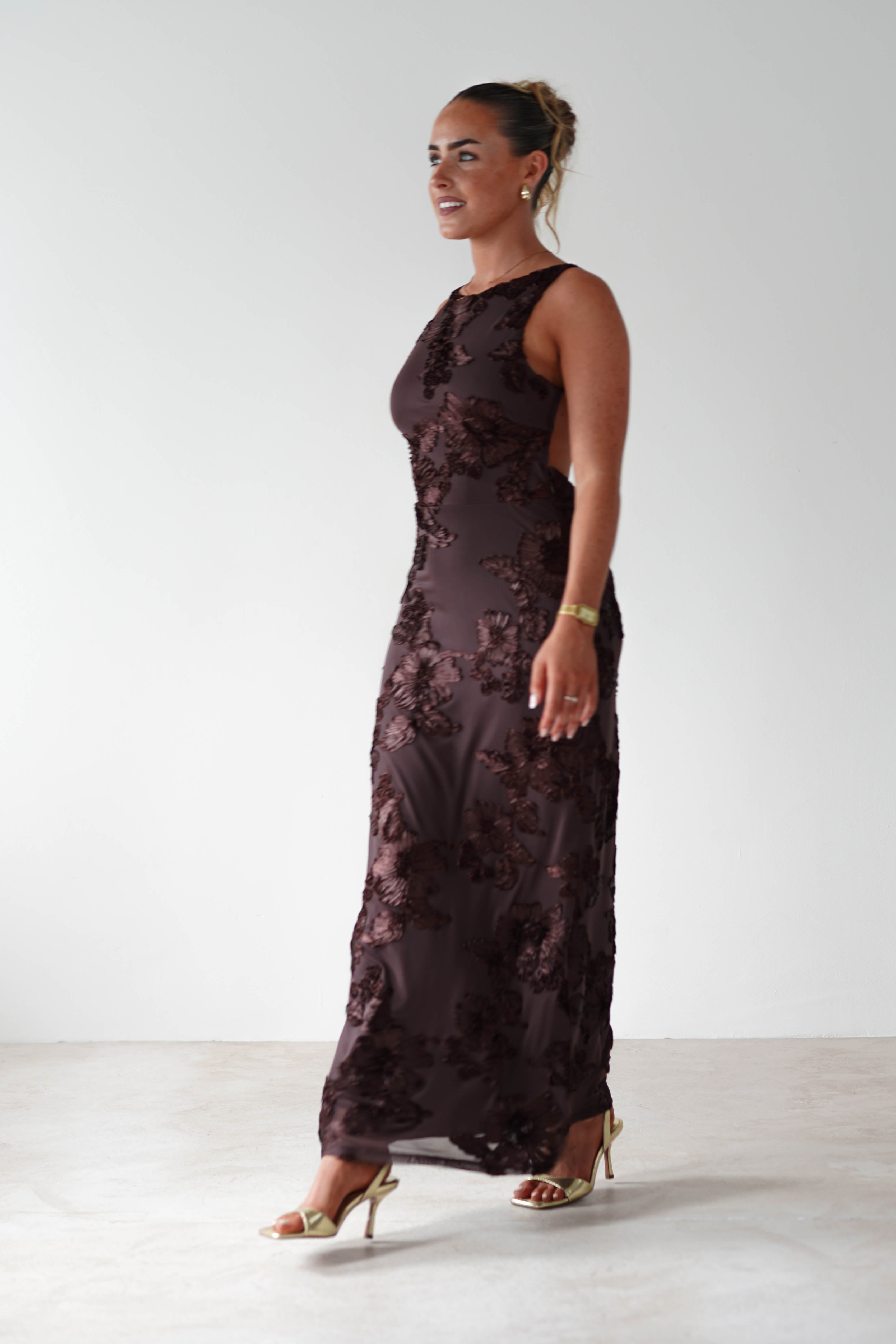 Demi Floral Textured Maxi Dress | Brown | Oh Hello Clothing | XS (6)