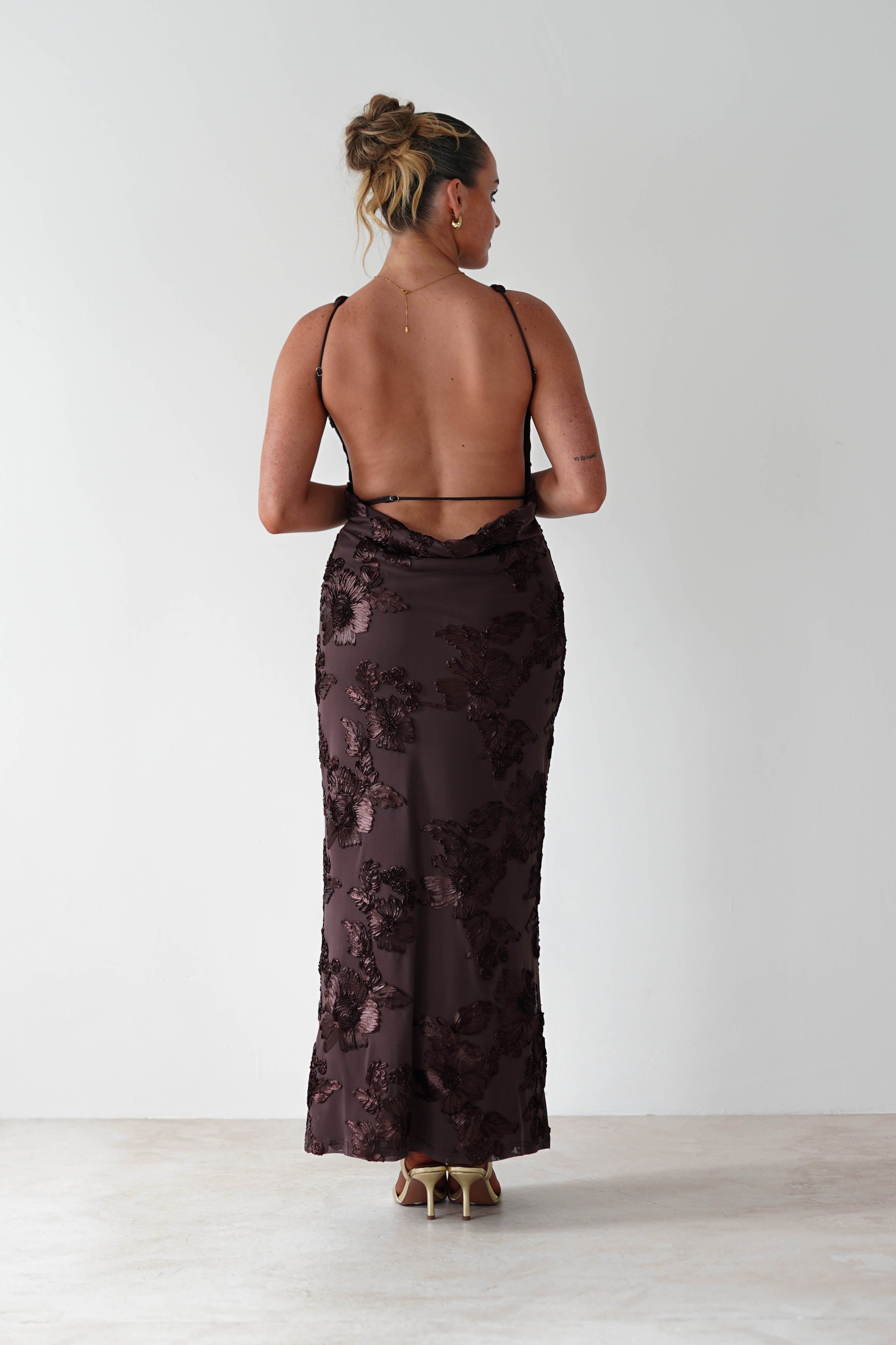 Demi Floral Textured Maxi Dress | Brown | Oh Hello Clothing | XS (6)