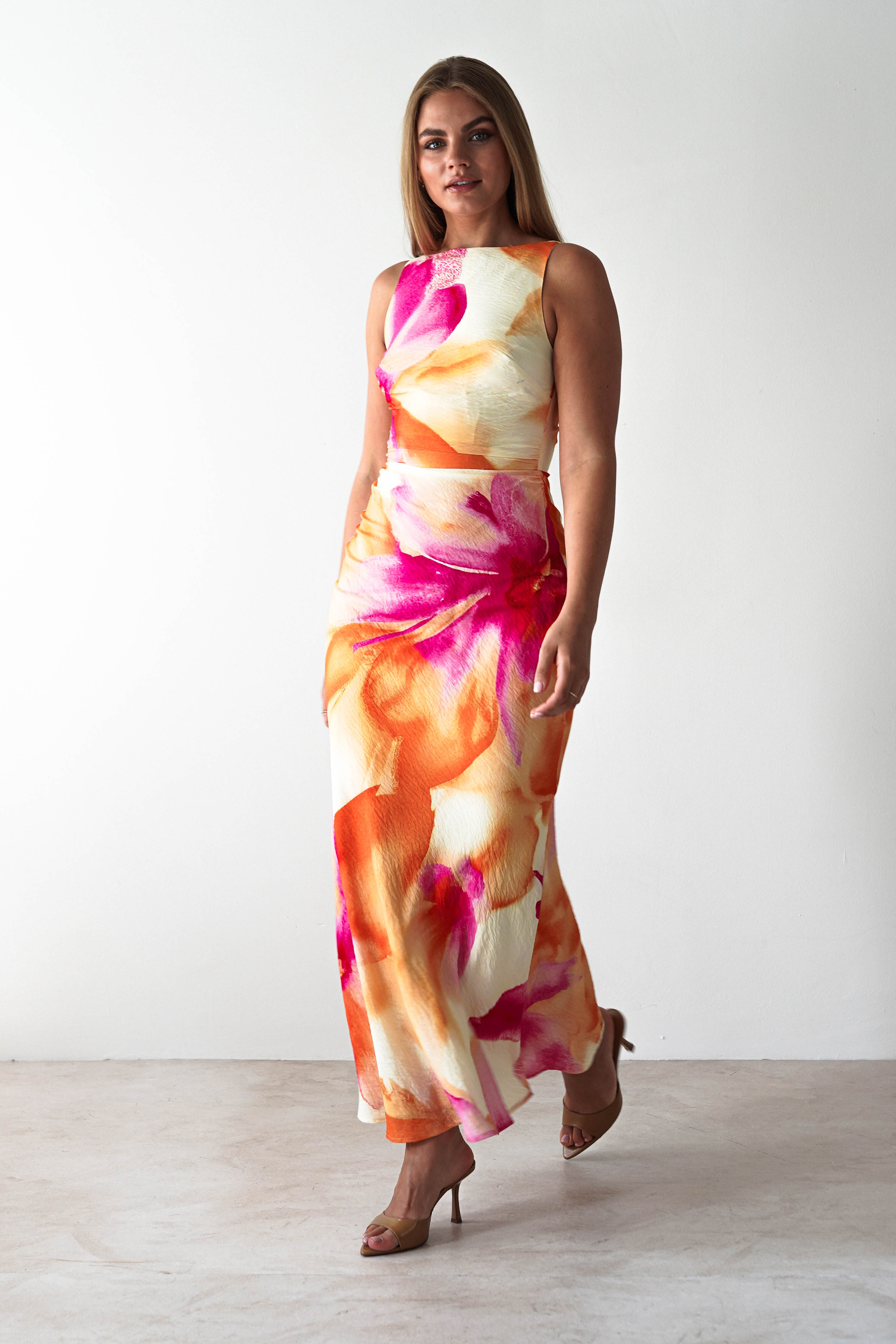 Ellarose Square Neck Maxi Dress | Orange/Pink | Oh Hello Clothing | XS (6)