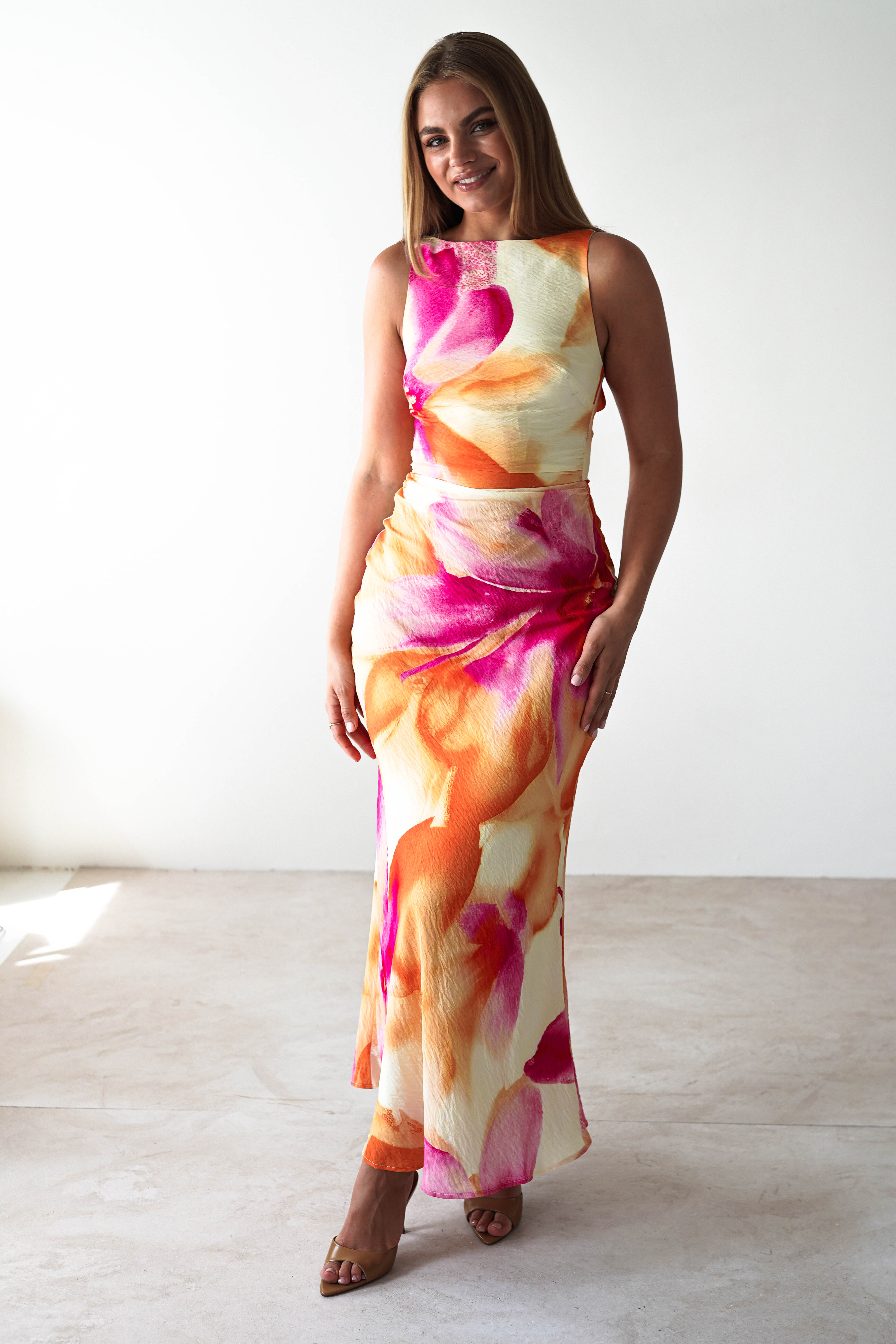 Ellarose Square Neck Maxi Dress | Orange/Pink | Oh Hello Clothing | XS (6)