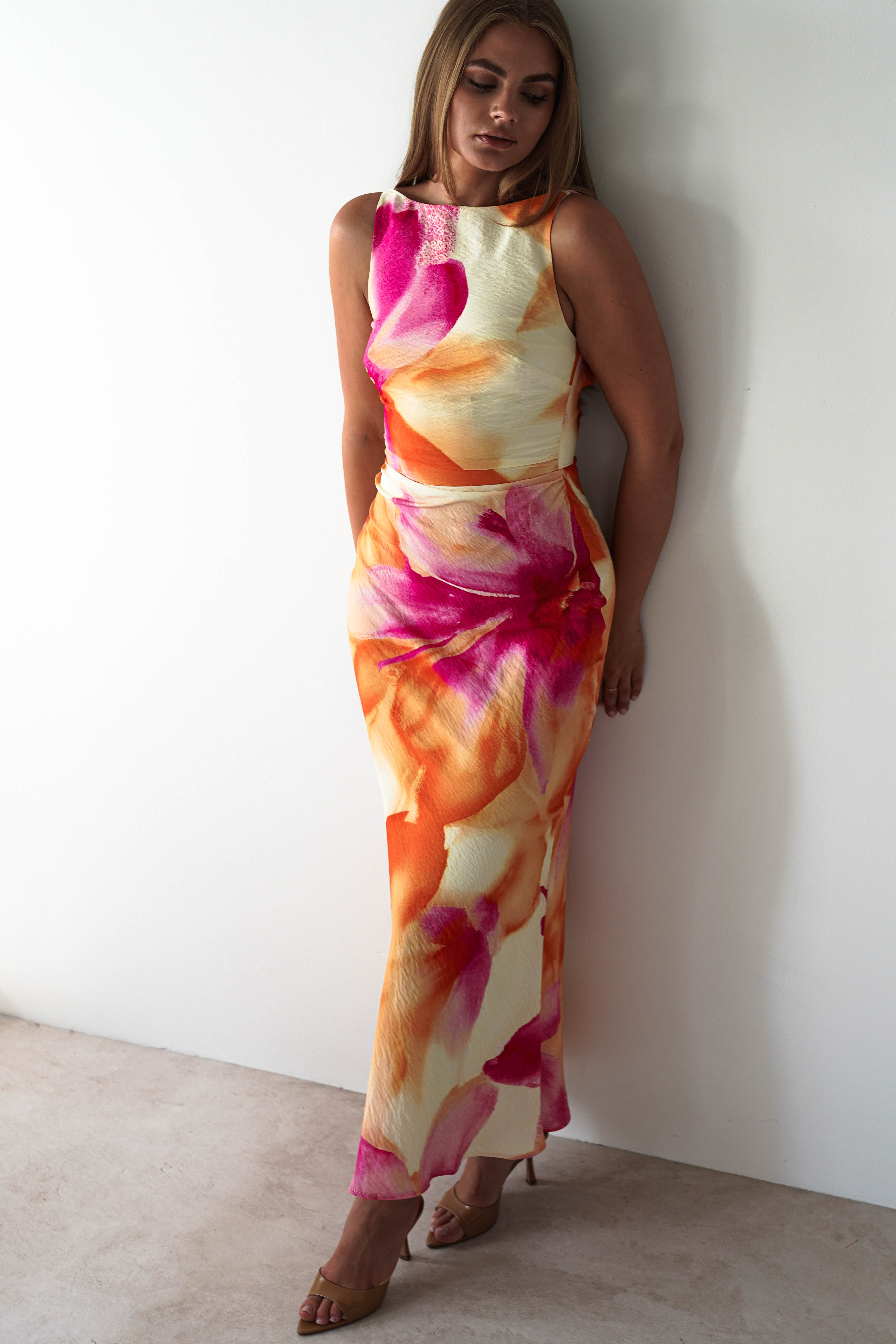 Ellarose Square Neck Maxi Dress | Orange/Pink | Oh Hello Clothing | XS (6)