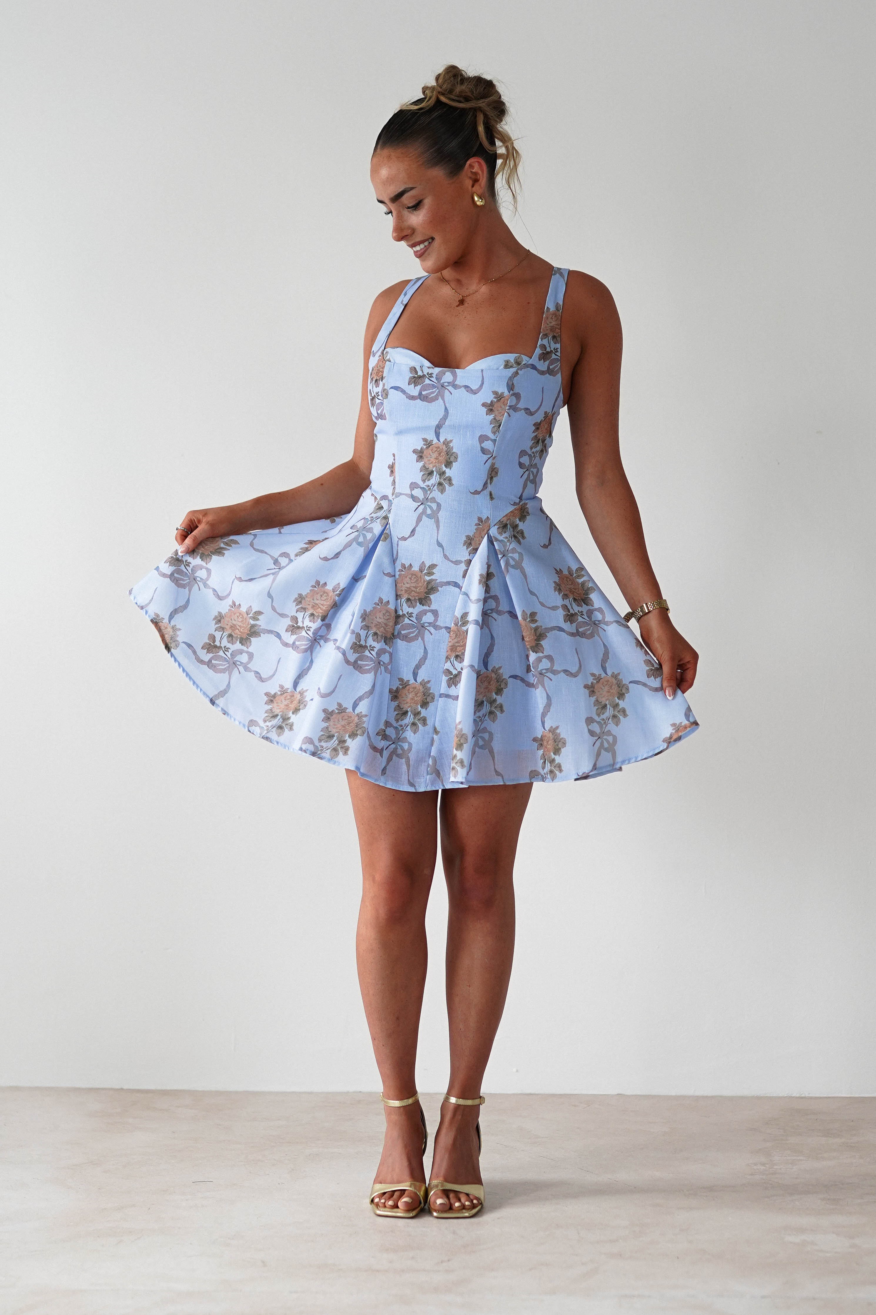 Mariel Floral Print Mini Skater Dress | Blue | Oh Hello Clothing | XS (6)