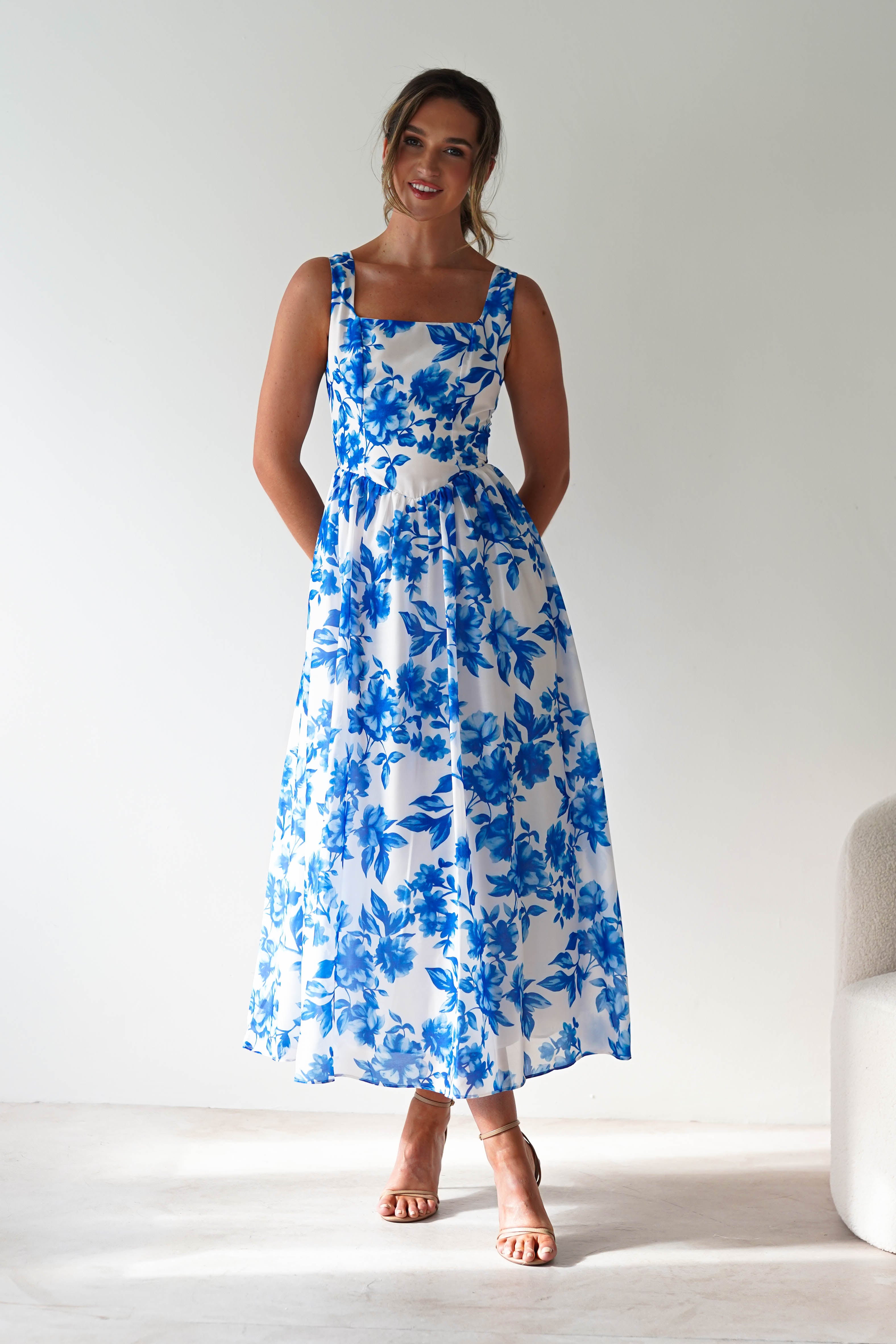 Maisie Floral Skater Maxi Dress | Blue | Oh Hello Clothing | XS (6)