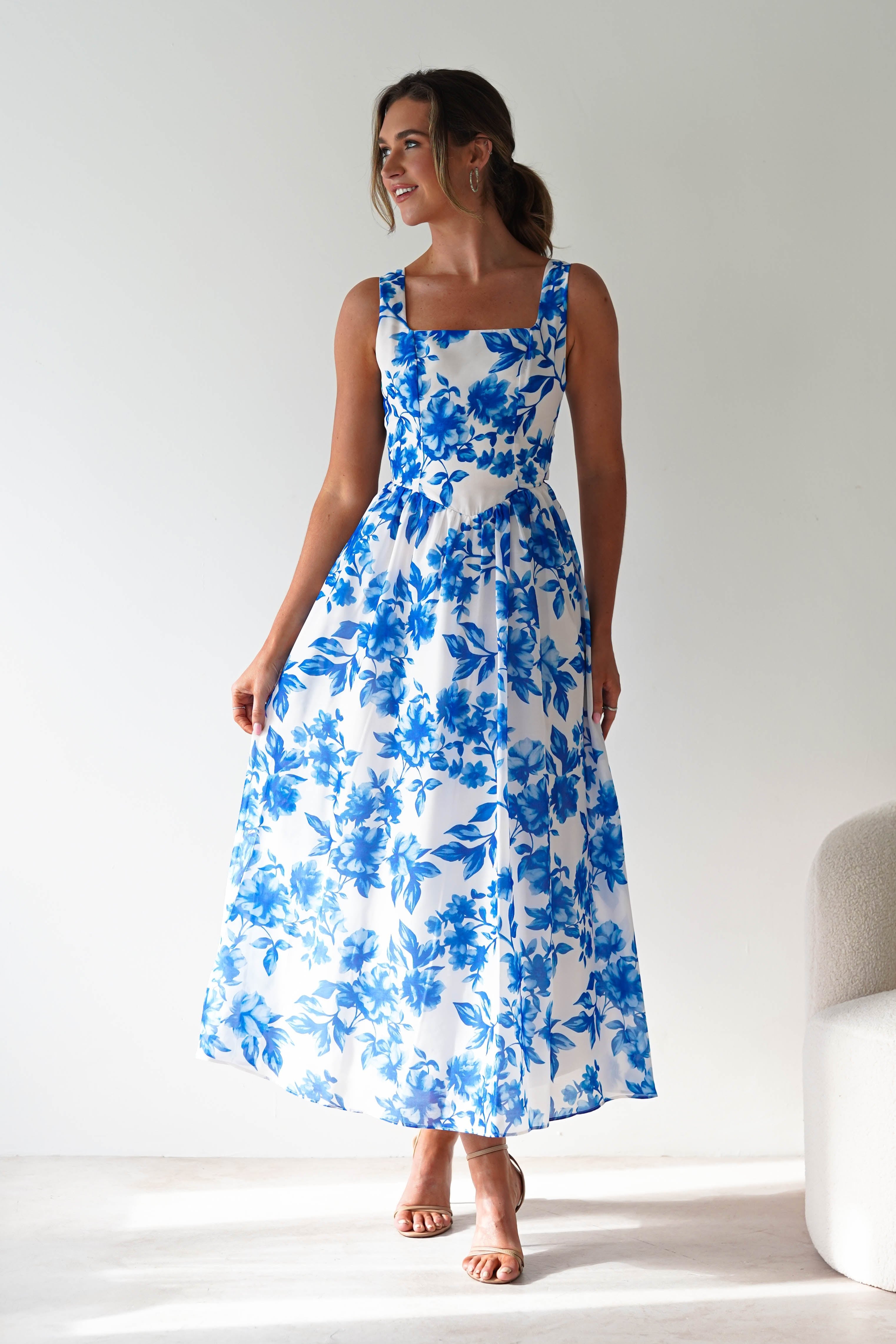 Maisie Floral Skater Maxi Dress | Blue | Oh Hello Clothing | XS (6)