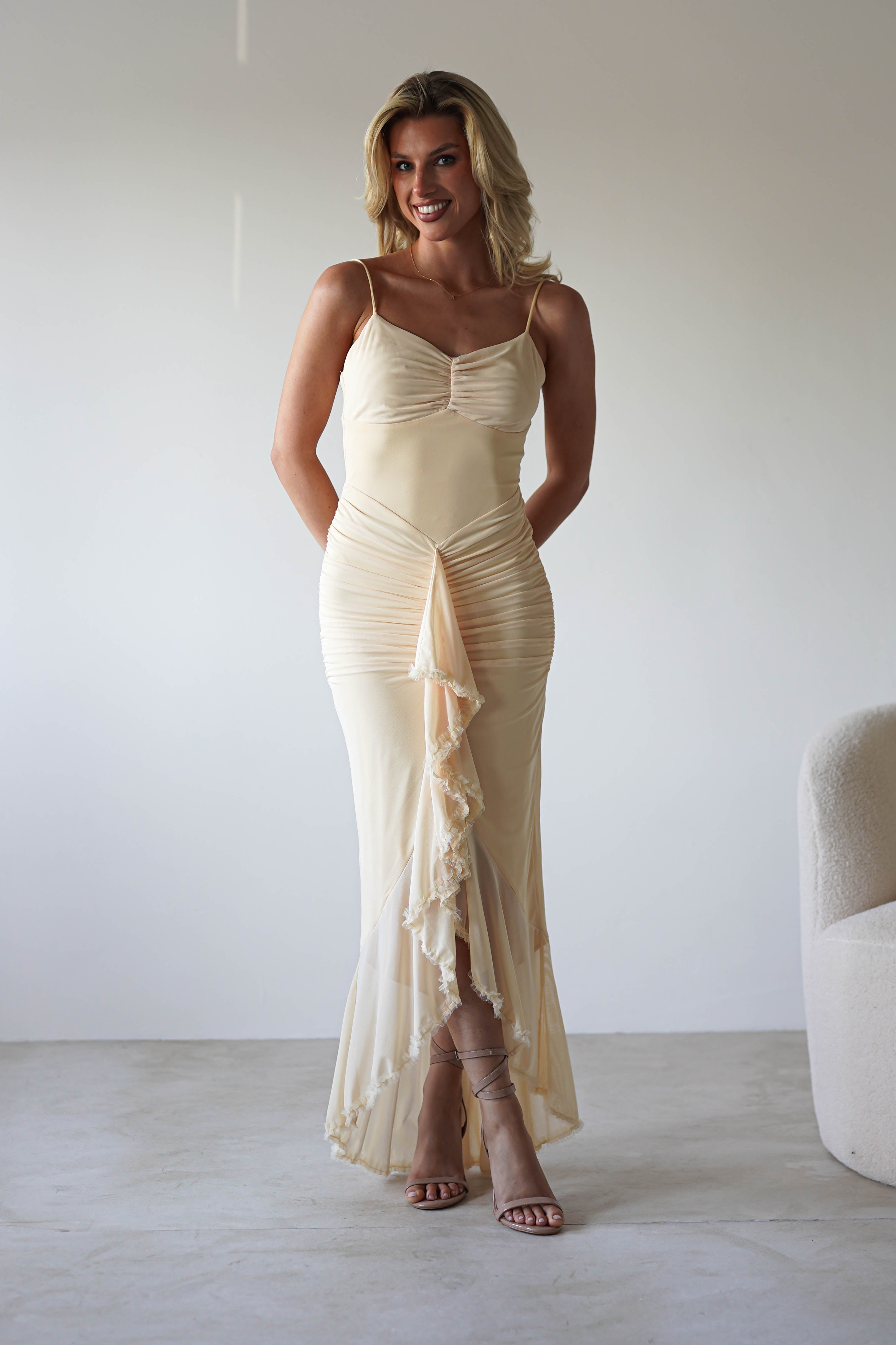 Liliana Mesh Ruched Midaxi Dress | Light Yellow | Oh Hello Clothing | XS (6)